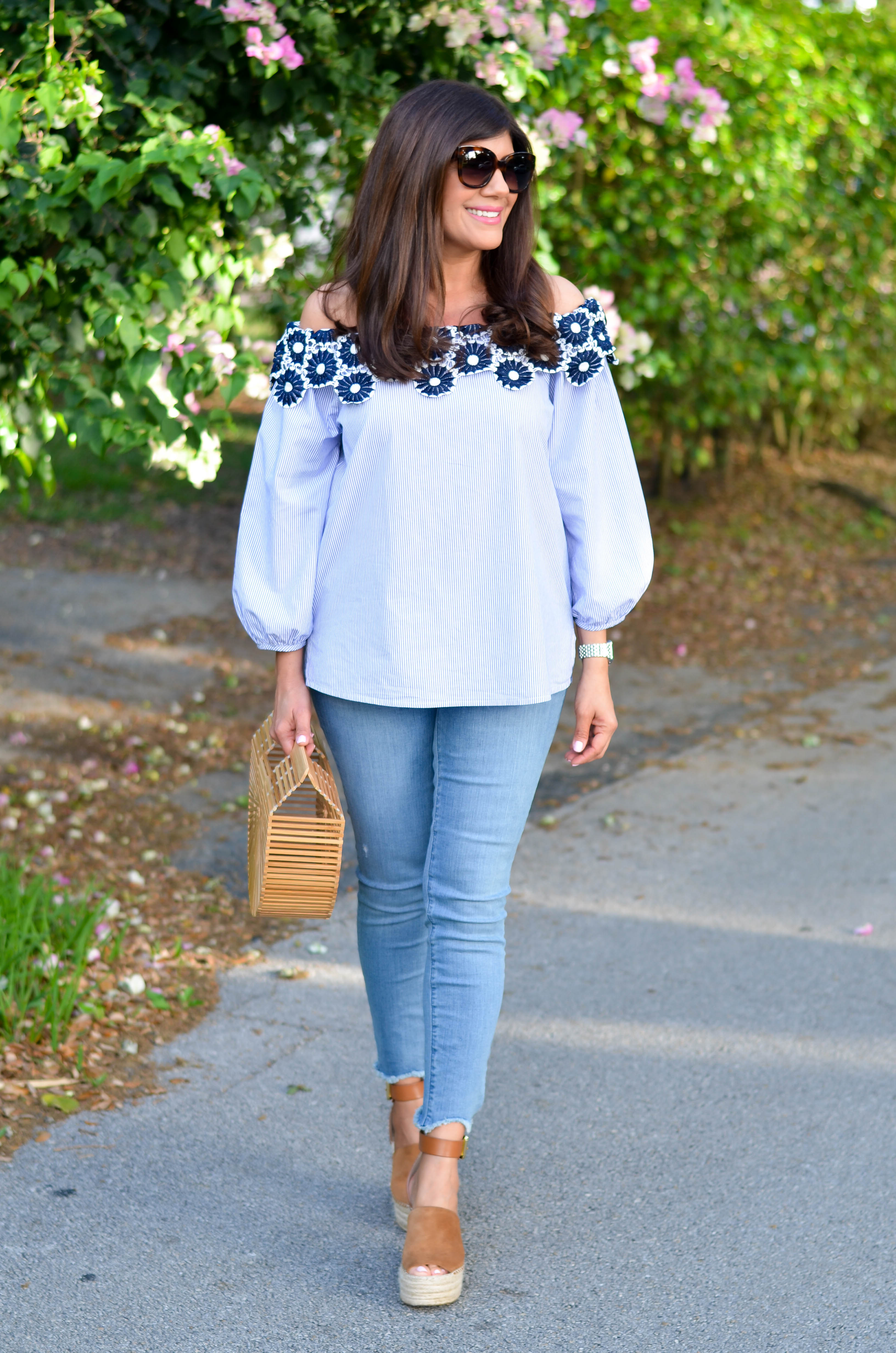 FLORAL LACE STRIPED OFF THE SHOULDER BLOUSE - Beautifully Seaside