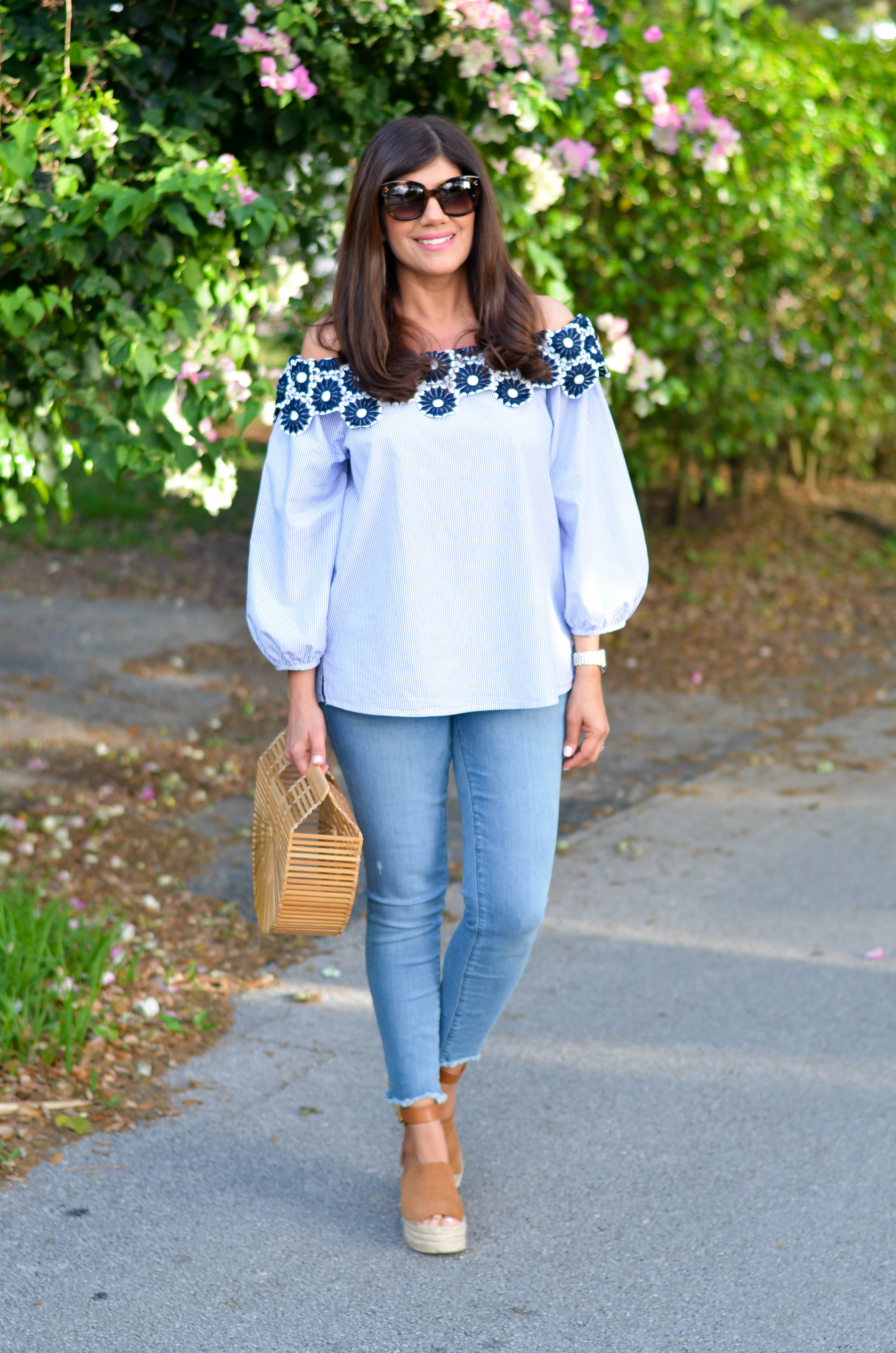 FLORAL LACE STRIPED OFF THE SHOULDER BLOUSE - Beautifully Seaside