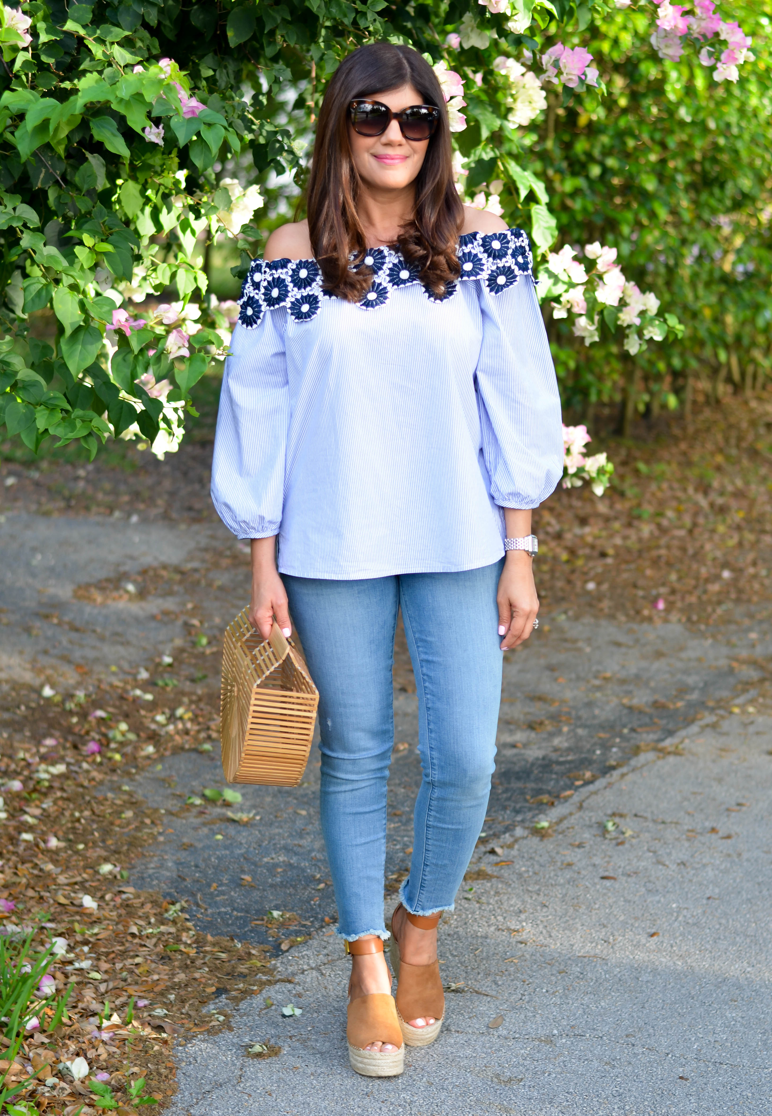 FLORAL LACE STRIPED OFF THE SHOULDER BLOUSE - Beautifully Seaside