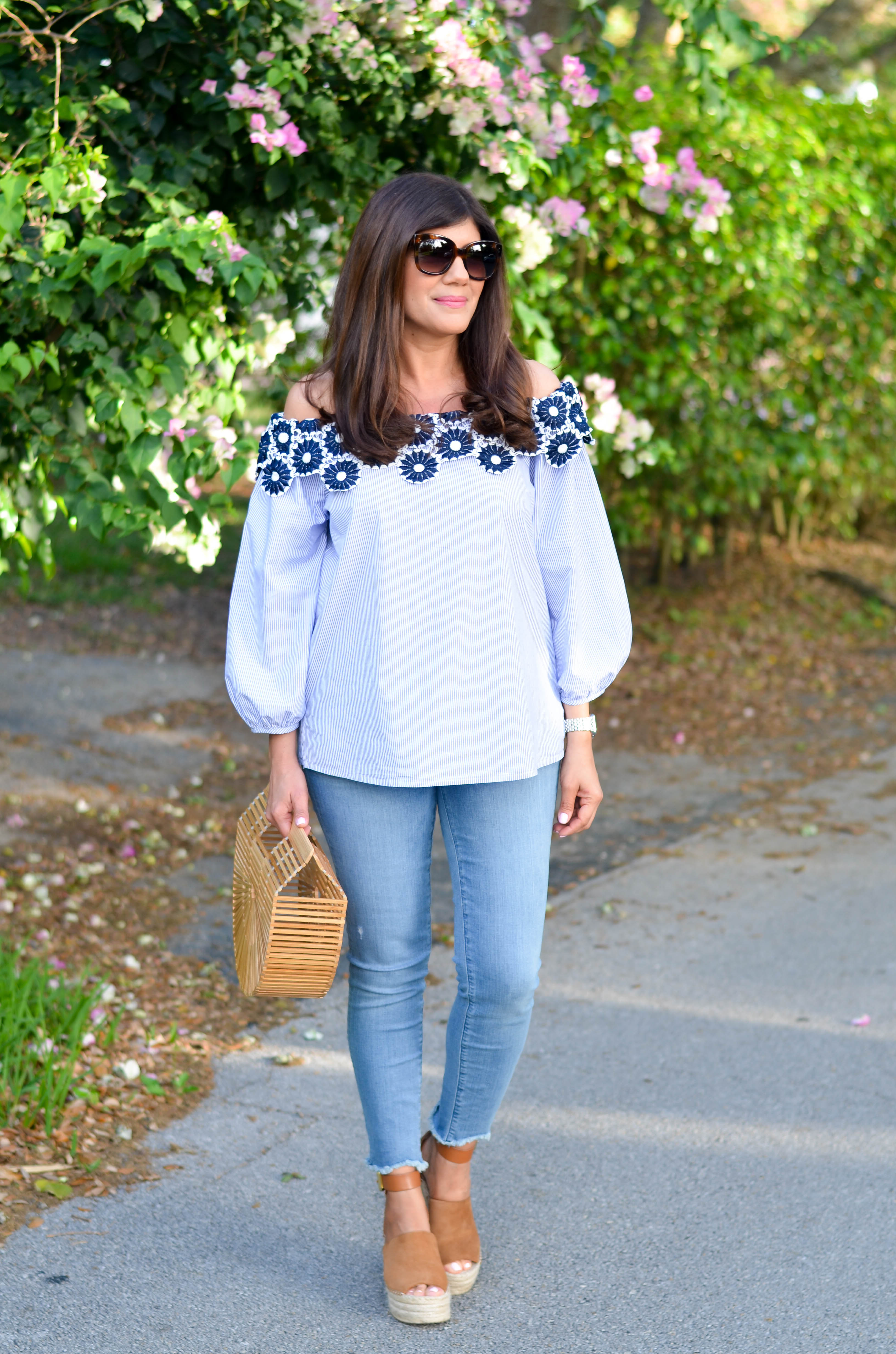 FLORAL LACE STRIPED OFF THE SHOULDER BLOUSE - Beautifully Seaside