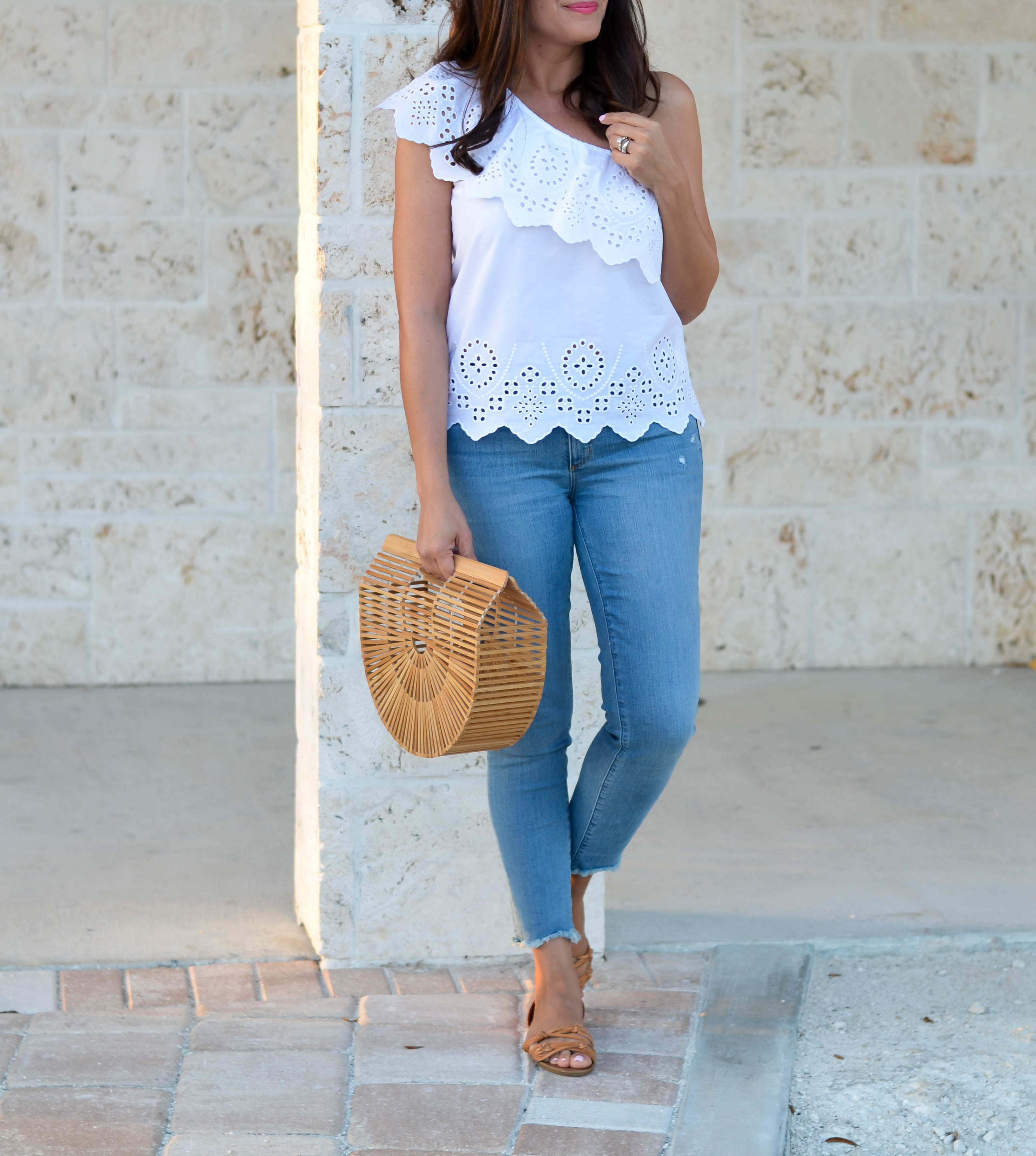 white one shoulder eyelet ruffle top