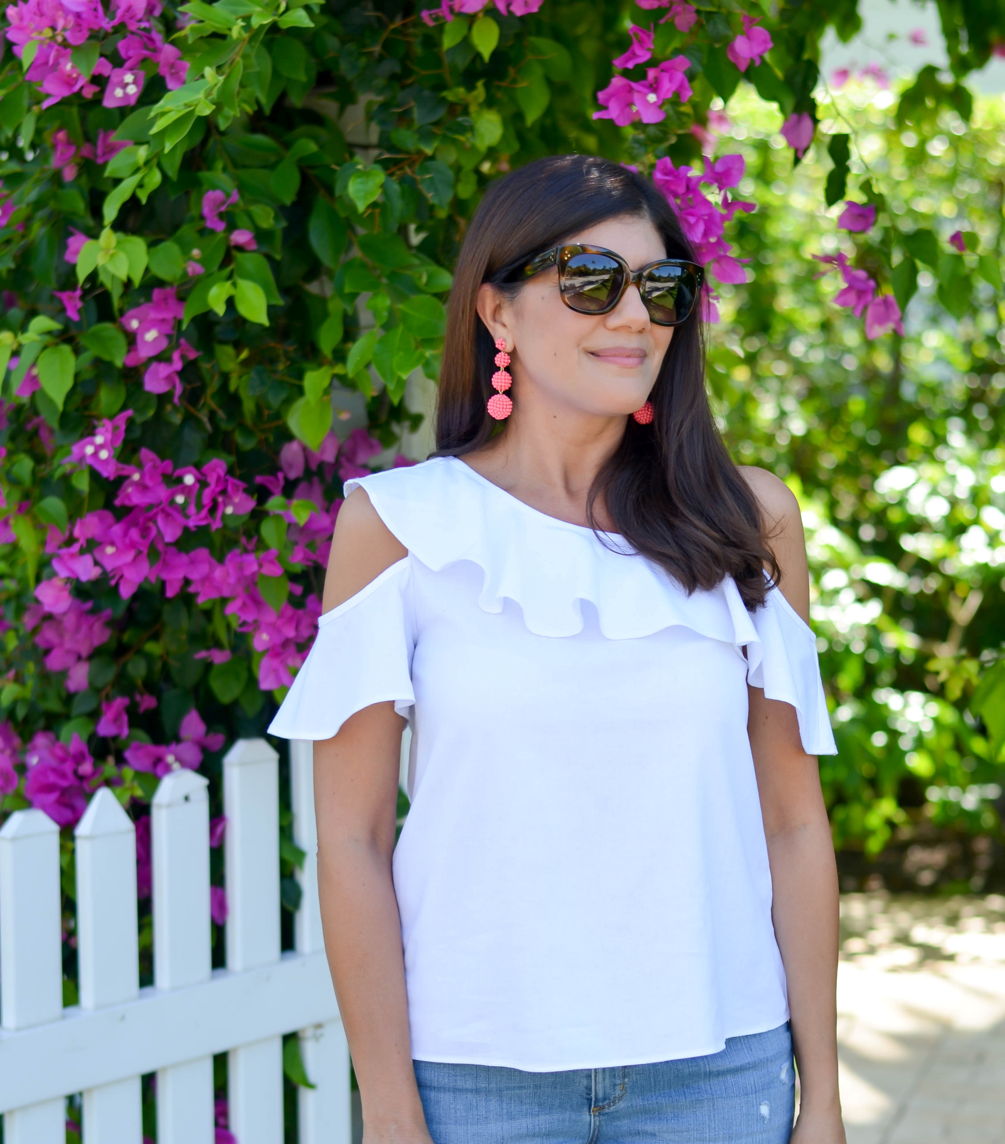 summer's best essential one shoulder white ruffle top