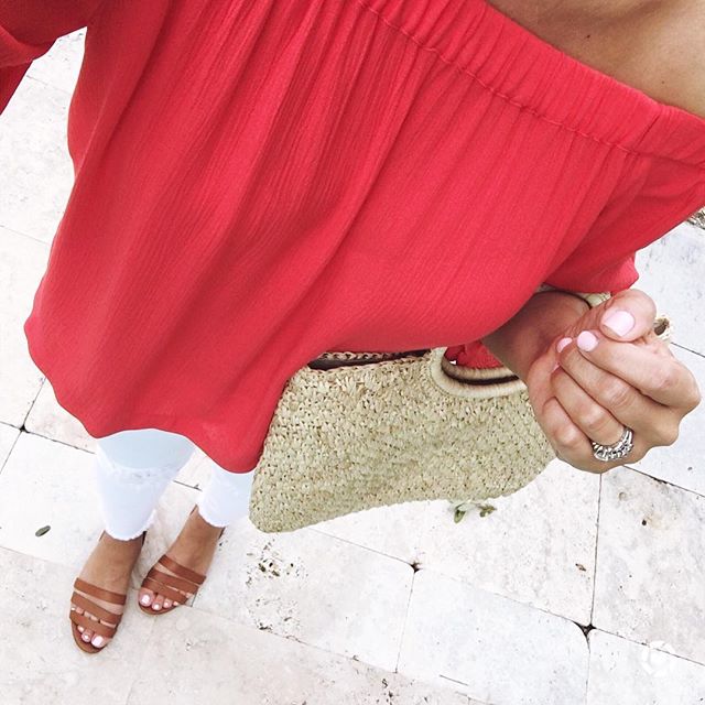 red off the shoulder top