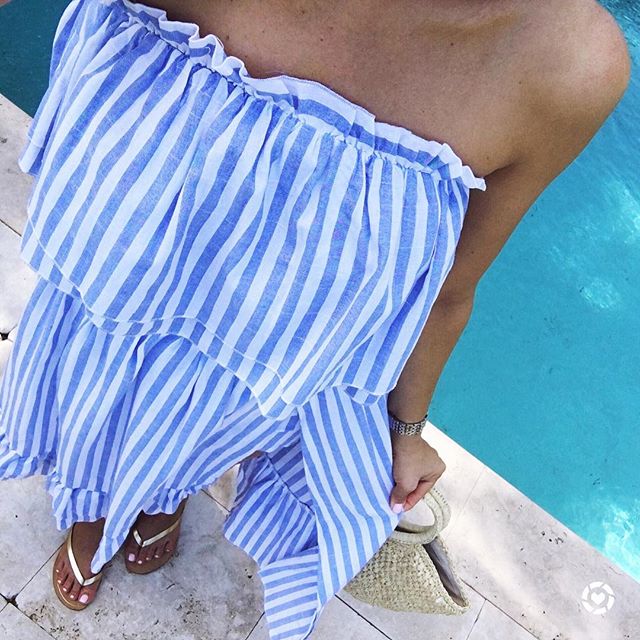 two piece stripe off the shoulder midi romper set