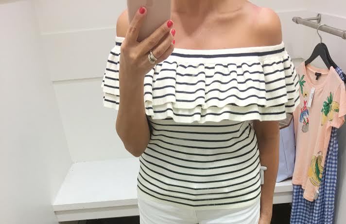 LIGHTWEIGHT STRIPED OFF-THE-SHOULDER RUFFLE SWEATER