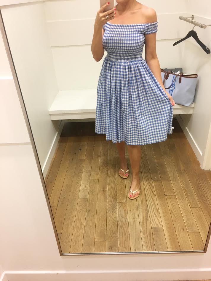 Smocked off-the-shoulder gingham beach dress