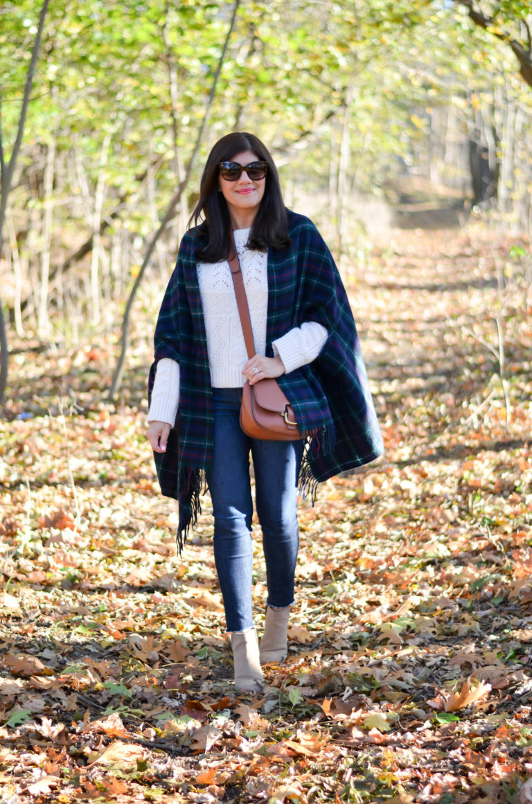 Lifestyle Blogger, Desiree of Beautifully Seaside styles a J.Crew tartan cape scarf as a casual holiday outfit