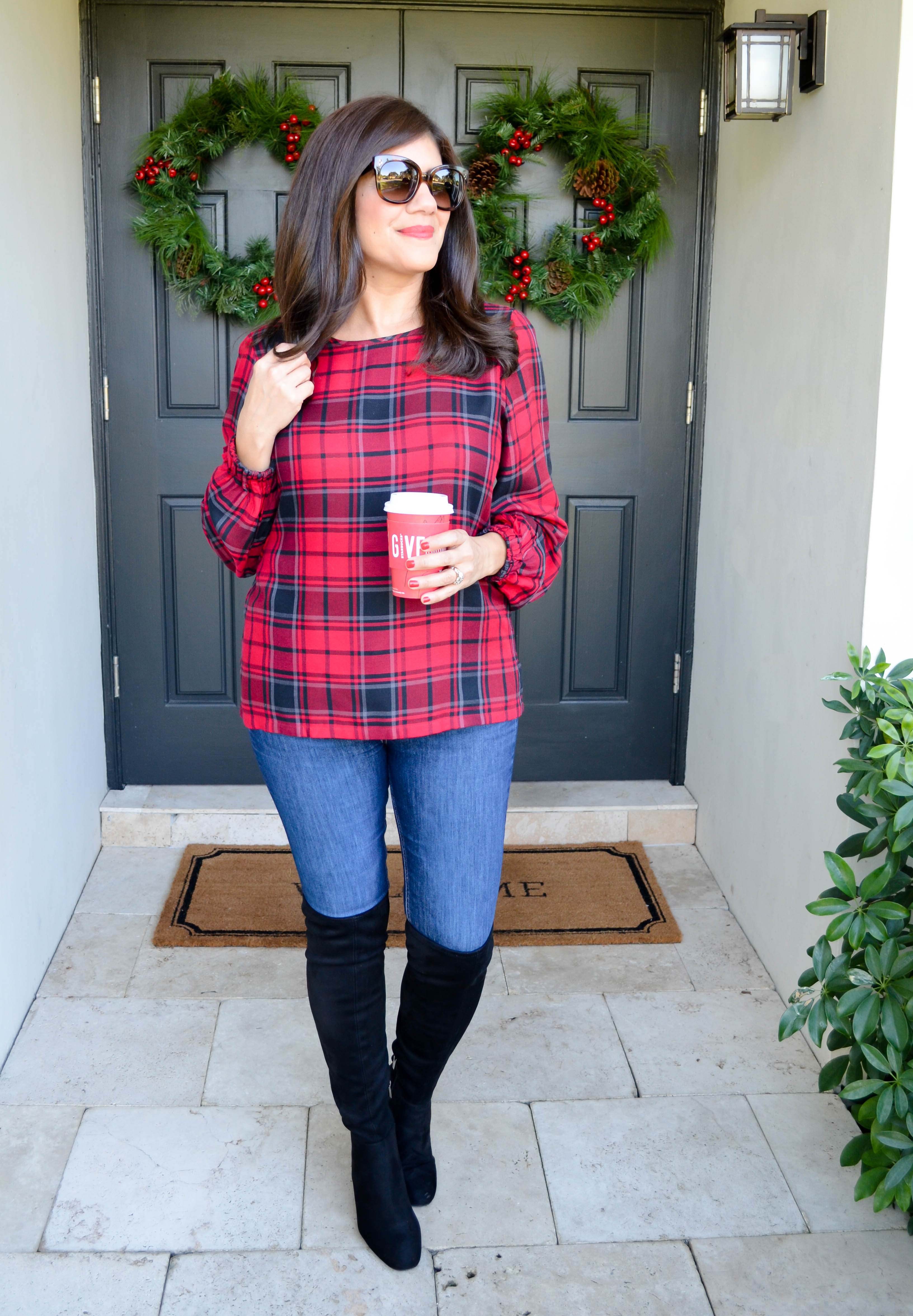 festive plaid top and over the knee boots