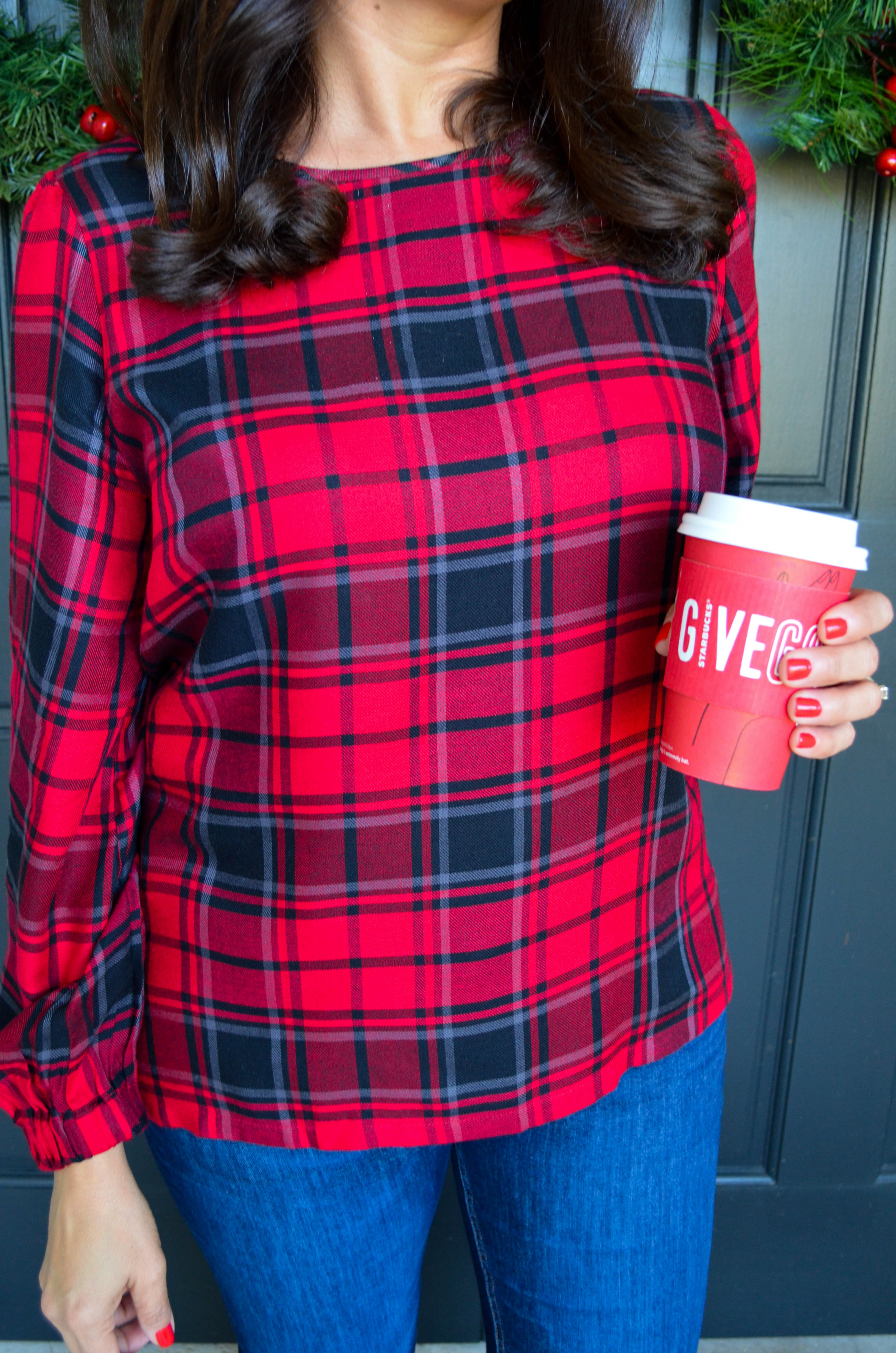 festive plaid top and over the knee boots