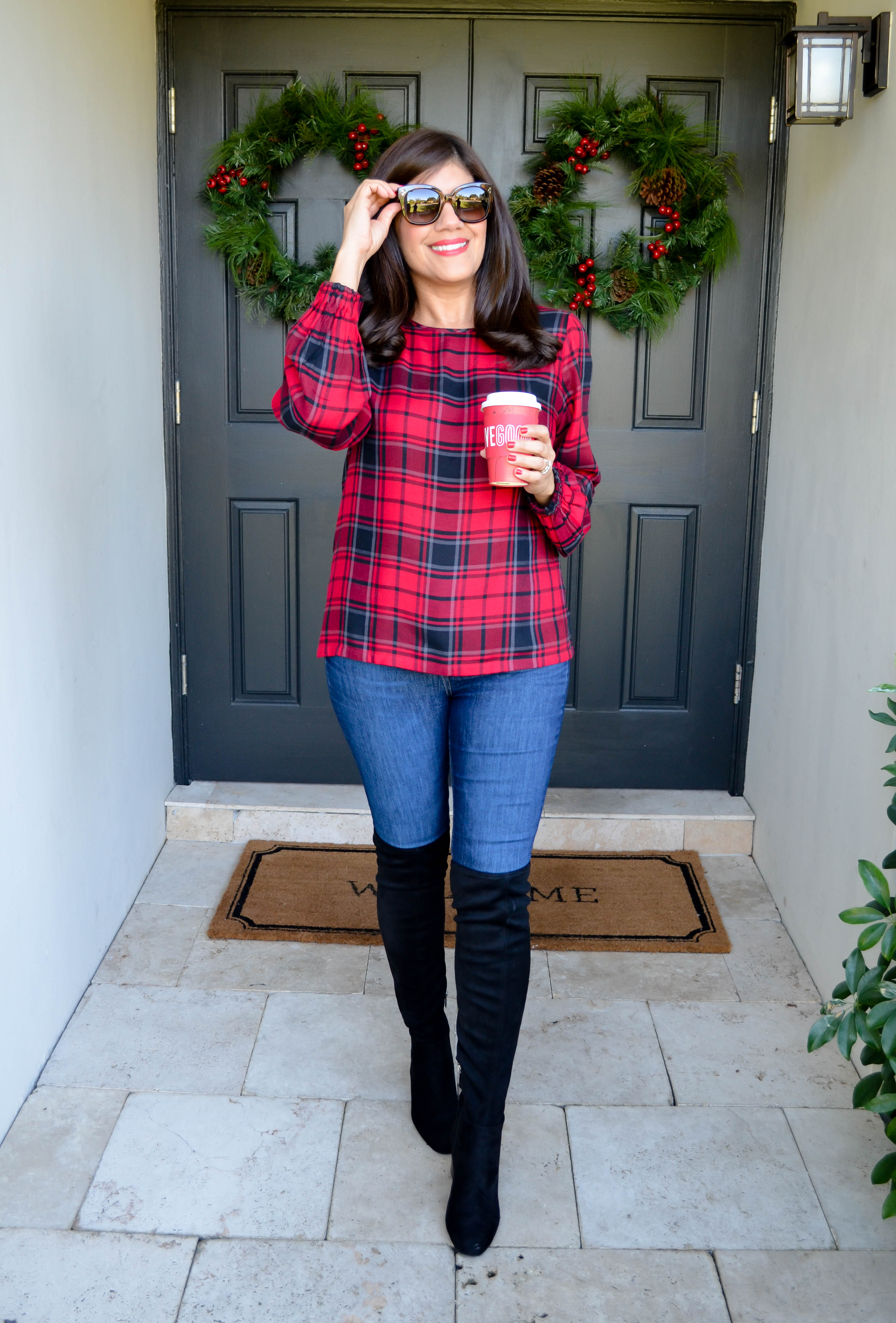 festive plaid top and over the knee boots