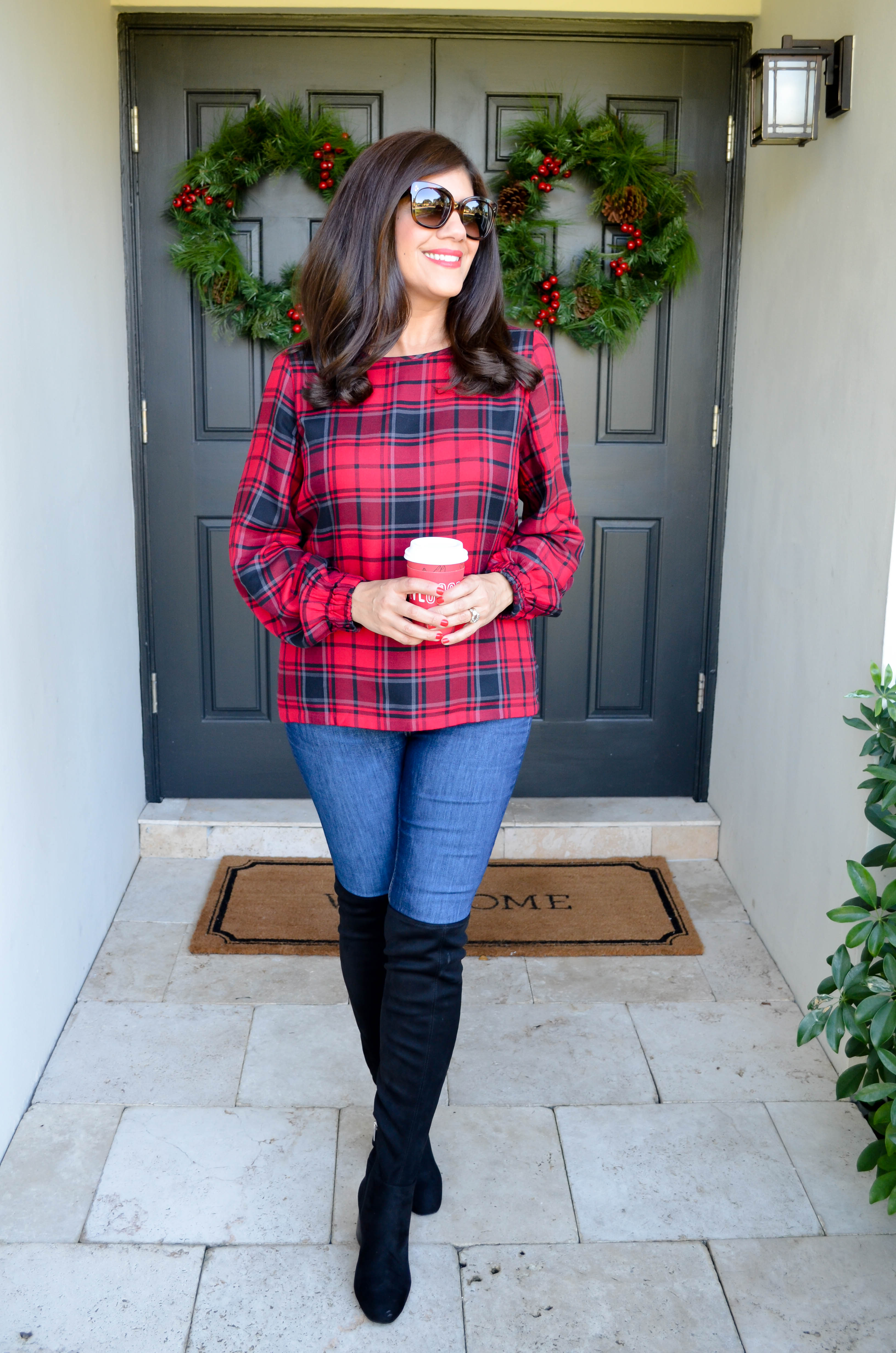 festive plaid top and over the knee boots