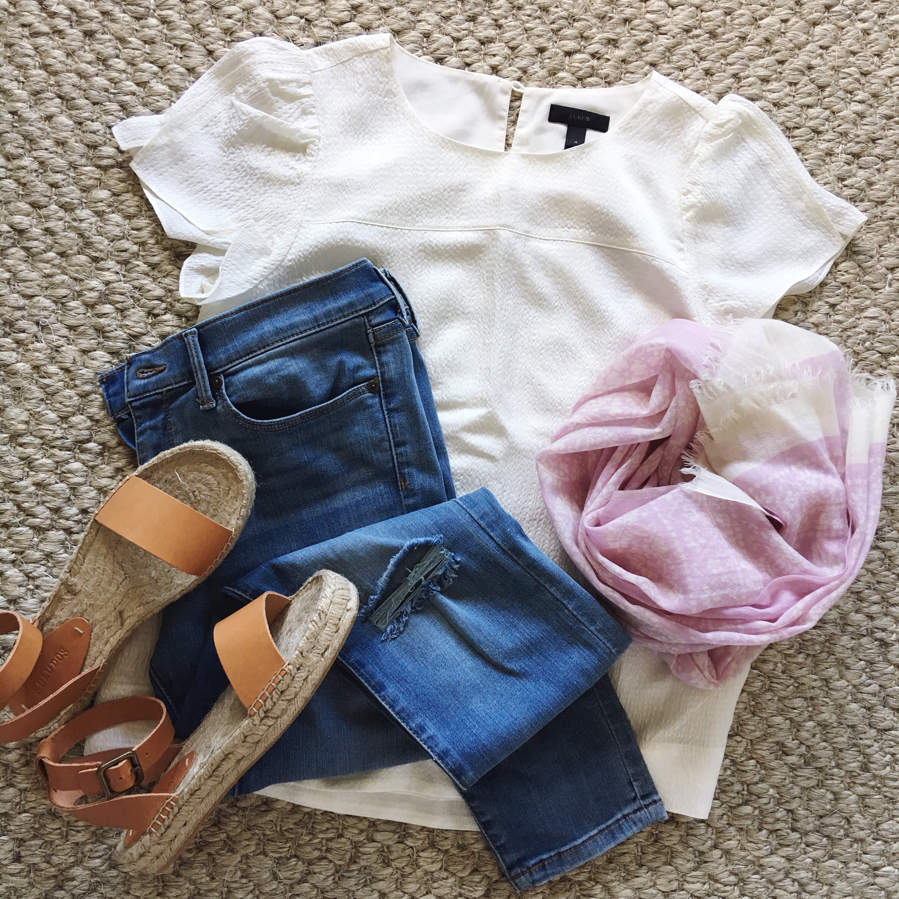 Spring outfit for Italy - white top, jeans, and espadrilles