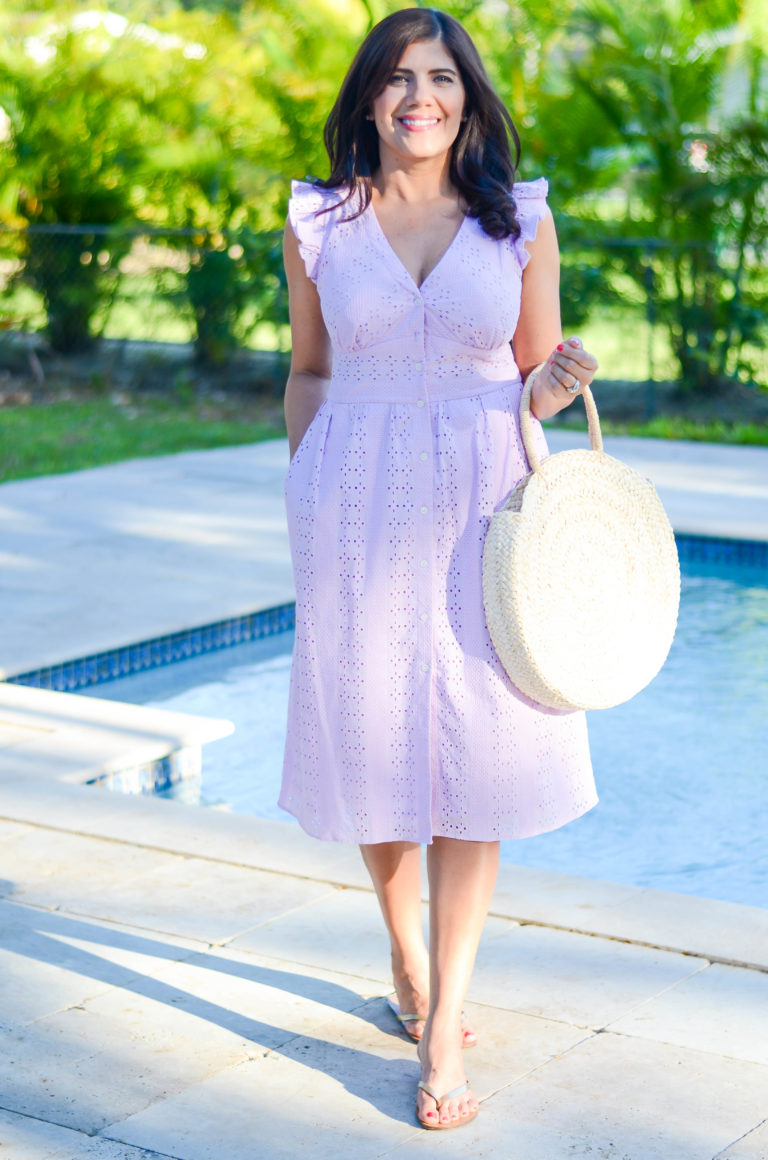 Lifestyle Blogger, Desiree of Beautifully Seaside, styles a ruffle eyelet dress in this season's must have lavender color.