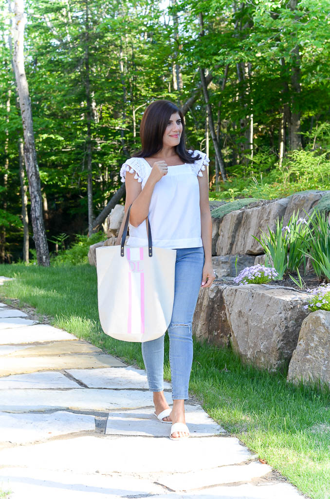 summer outfit and monogram tote bag