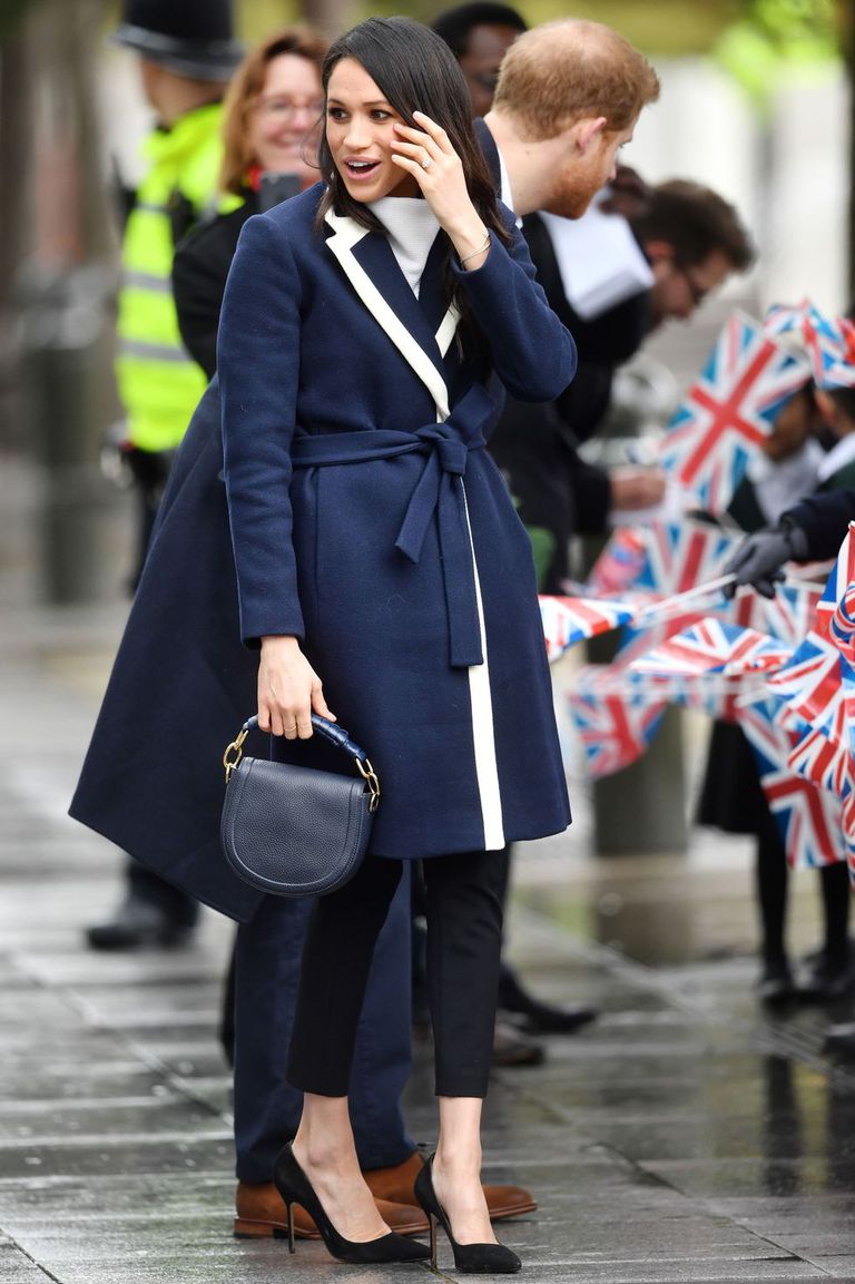 DOES MEGHAN MARKLE LOVE J.CREW? by Beautifully Seaside Meghan wearing tipped wrapped J.Crew coat