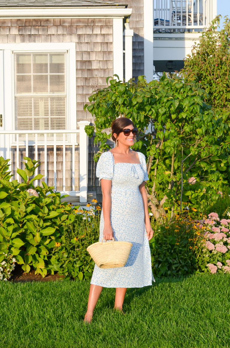 BLUE FLORAL MIDI DRESS IN NANTUCKET- Desiree Leone of Beautifully Seaside