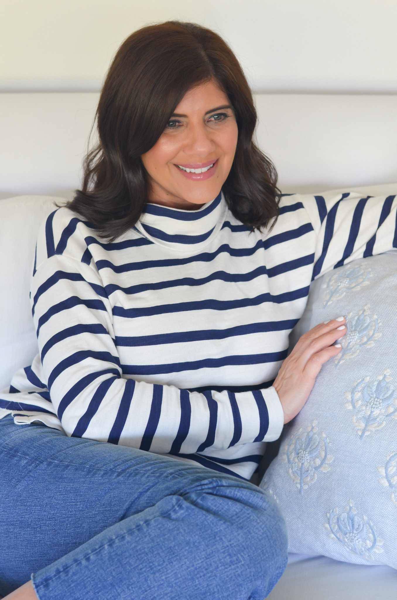 Desiree Leone wearing striped J.Crew turtleneck winter spring ...