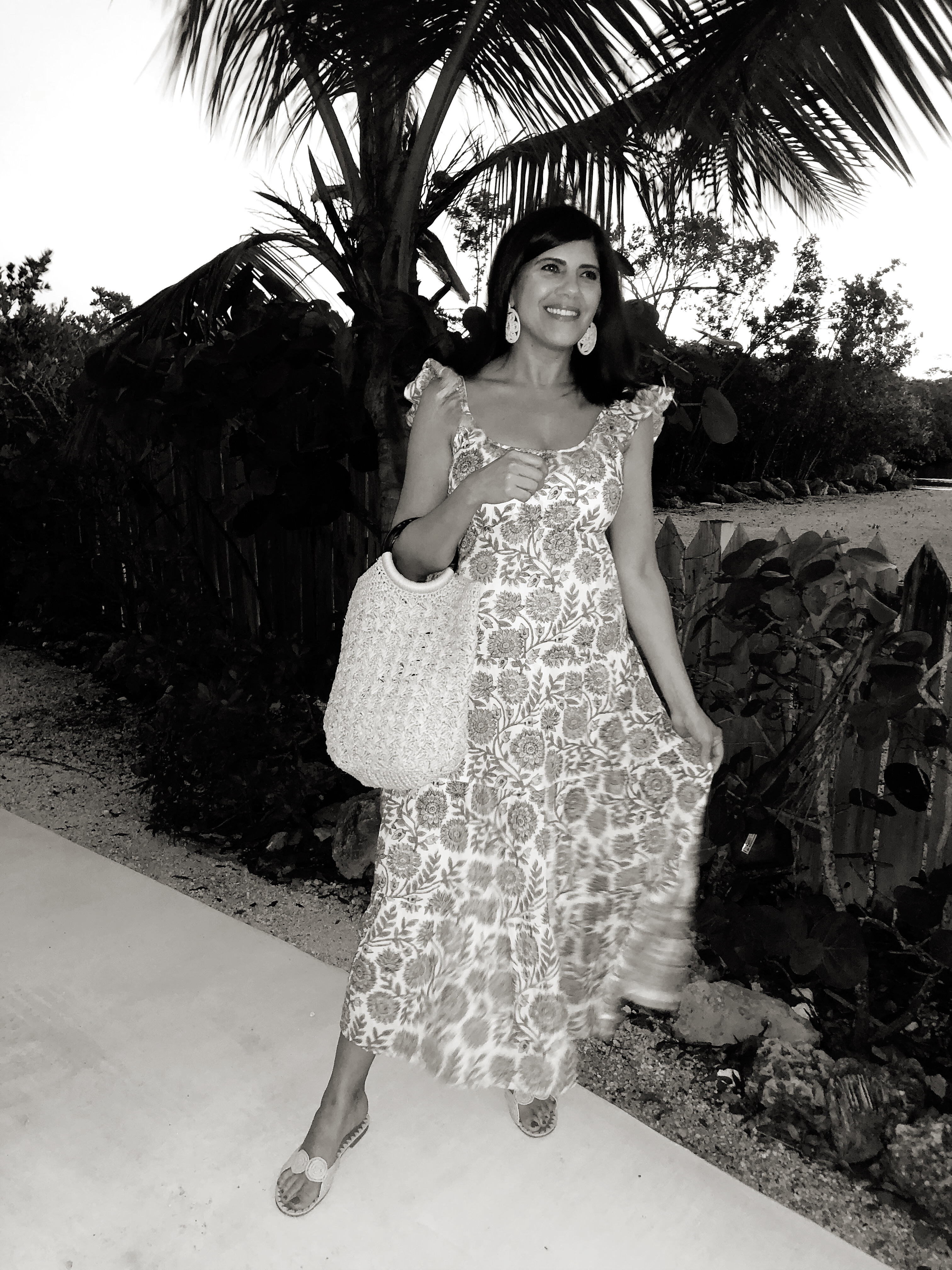 Desiree Leone wearing a floral maxi dress from J.Crew for new year's eve in Key Largo.