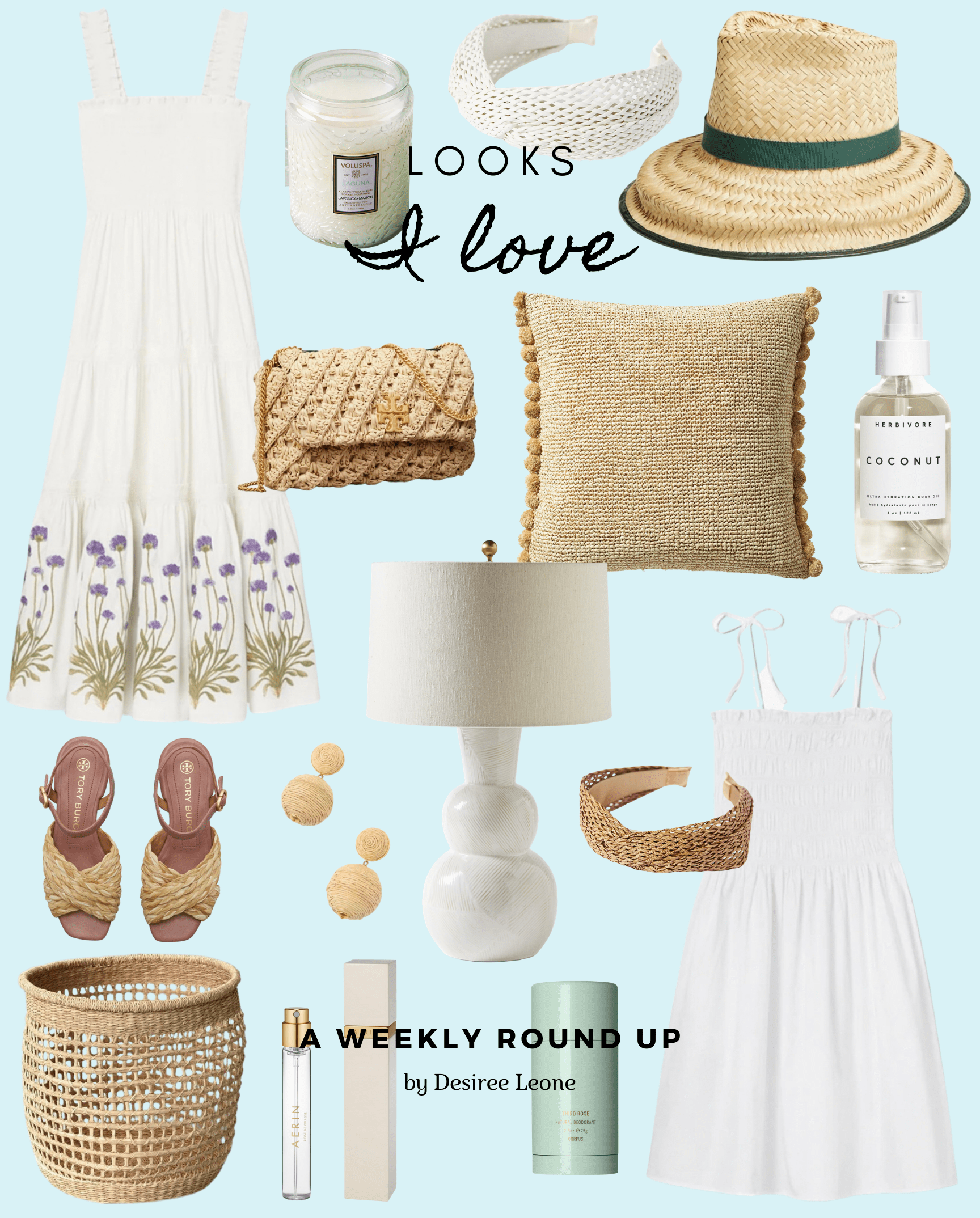 Desiree Leone of Beautifully Seaside shares a Looks I Love post featuring beautiful white spring dresses and raffia accessories.