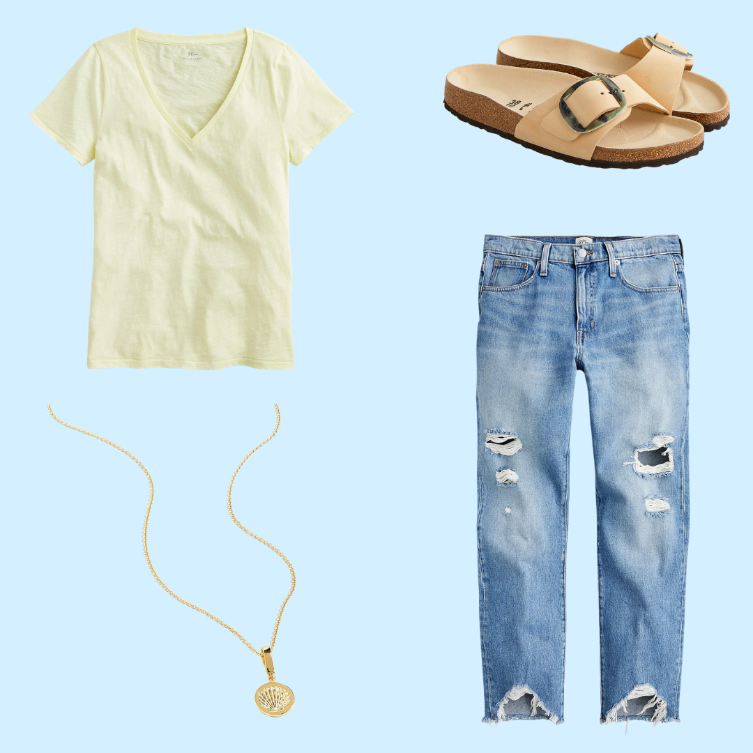 J.Crew vintage t-shirt and boyfriend slouchy jeans summer outfit with Birkenstocks