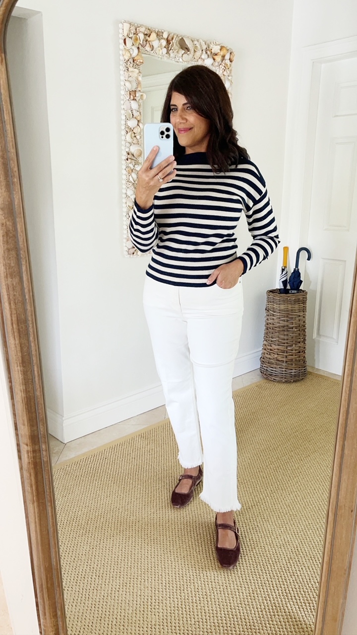 J.Crew cashmere nautical stripe sweater and white 90's jeans outfit