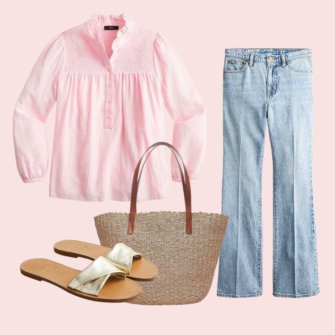 J.Crew Smocked Pink Gauze Top and Jeans Outfit