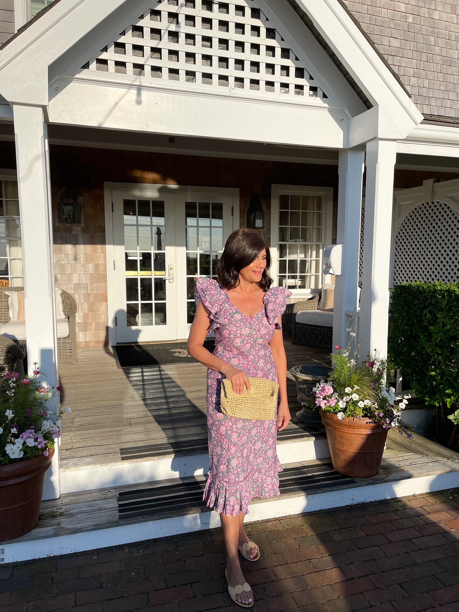 Desiree Leone of Beautifully Seaside wearing block print summer dresses in Nantucket