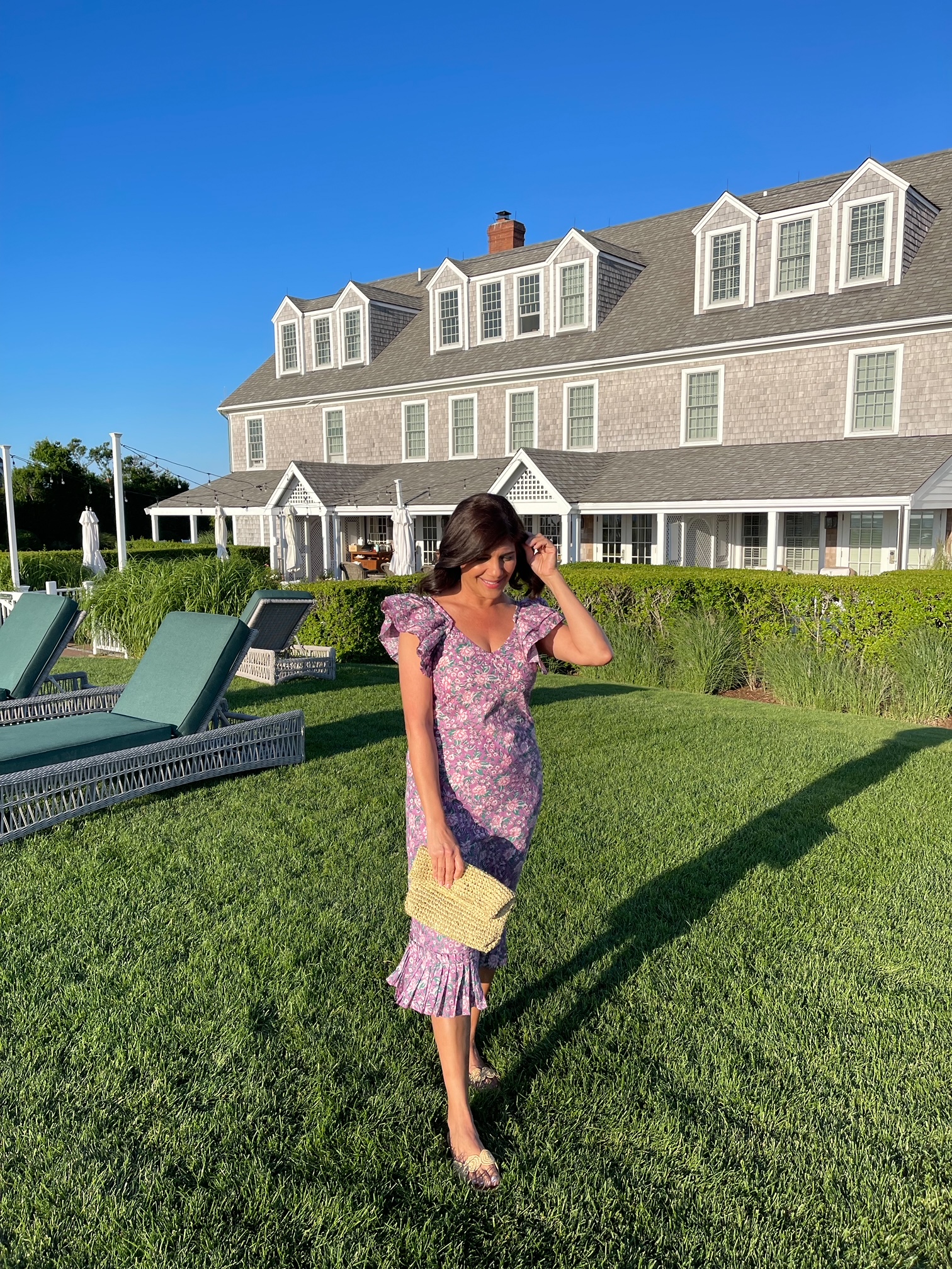 Desiree Leone of Beautifully Seaside wearing block print summer dresses in Nantucket