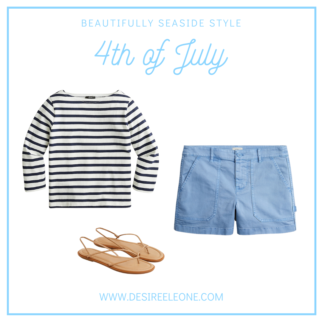 J.Crew striped boatneck t-shirt, foundry shorts, Sorrento sandals 4th of July outfit