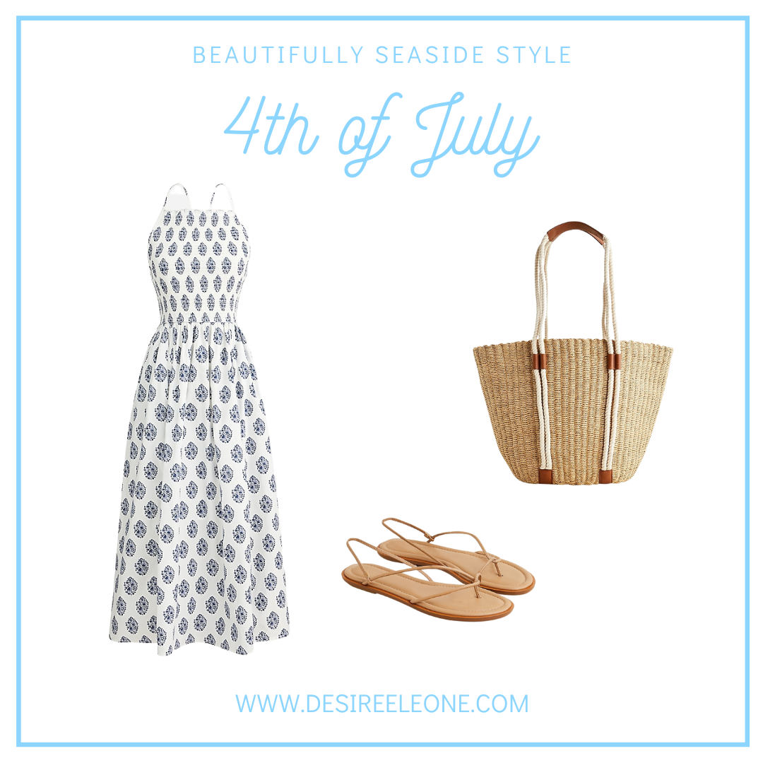 J.Crew 4th of July outfit, block print dress, market tote, Sorrento sandals