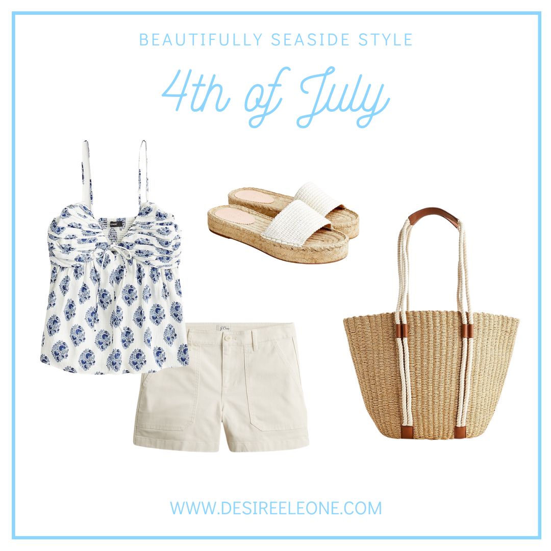 J.Crew 4th of July outfit, block print camisole and shorts outfit with espadrille sandals and market tote