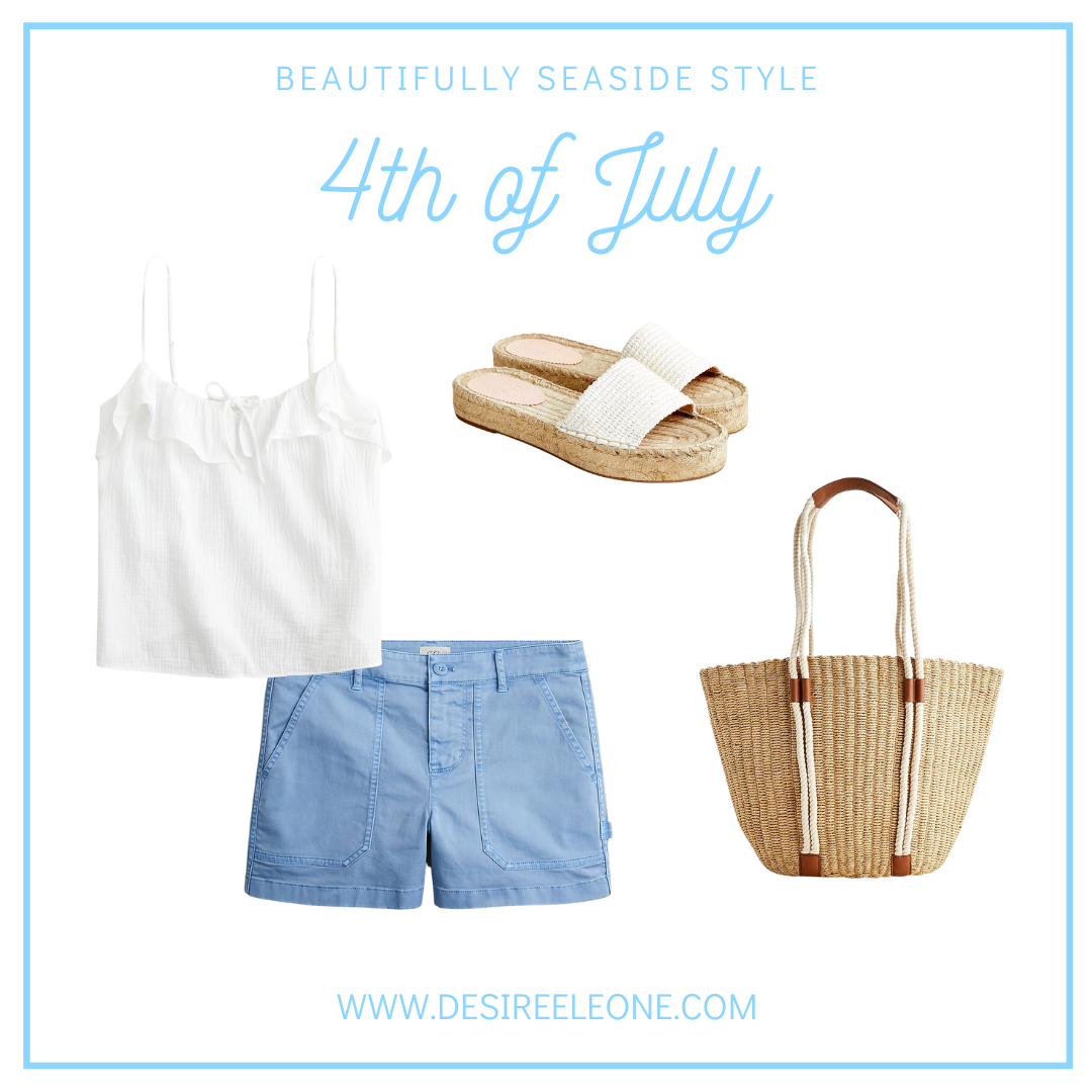 J.Crew 4th of July camisole and shorts outfit, espadrilles and market tote