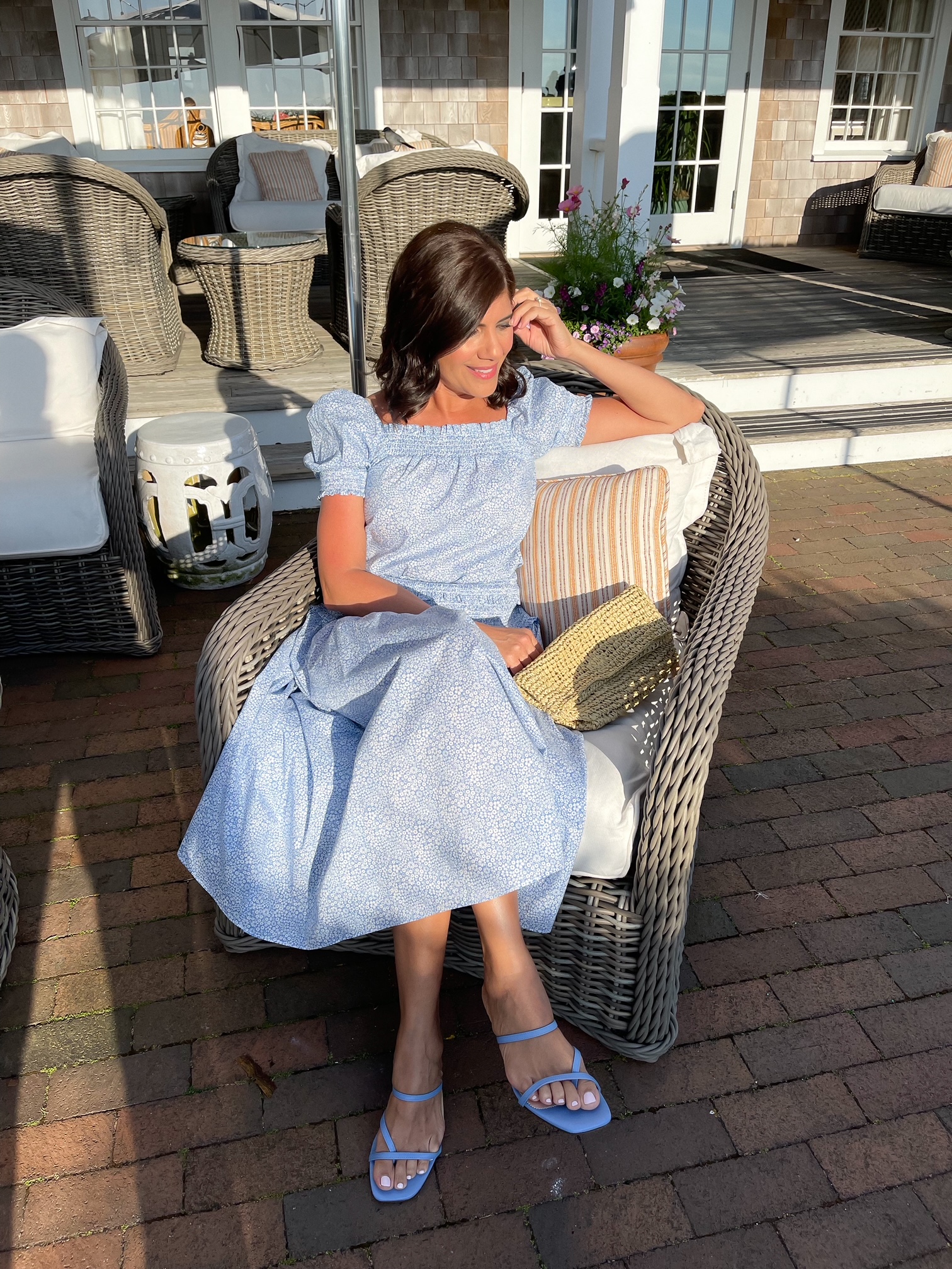 Desiree Leone wearing J.Crew Liberty Blossom print top and skirt in Nantucket