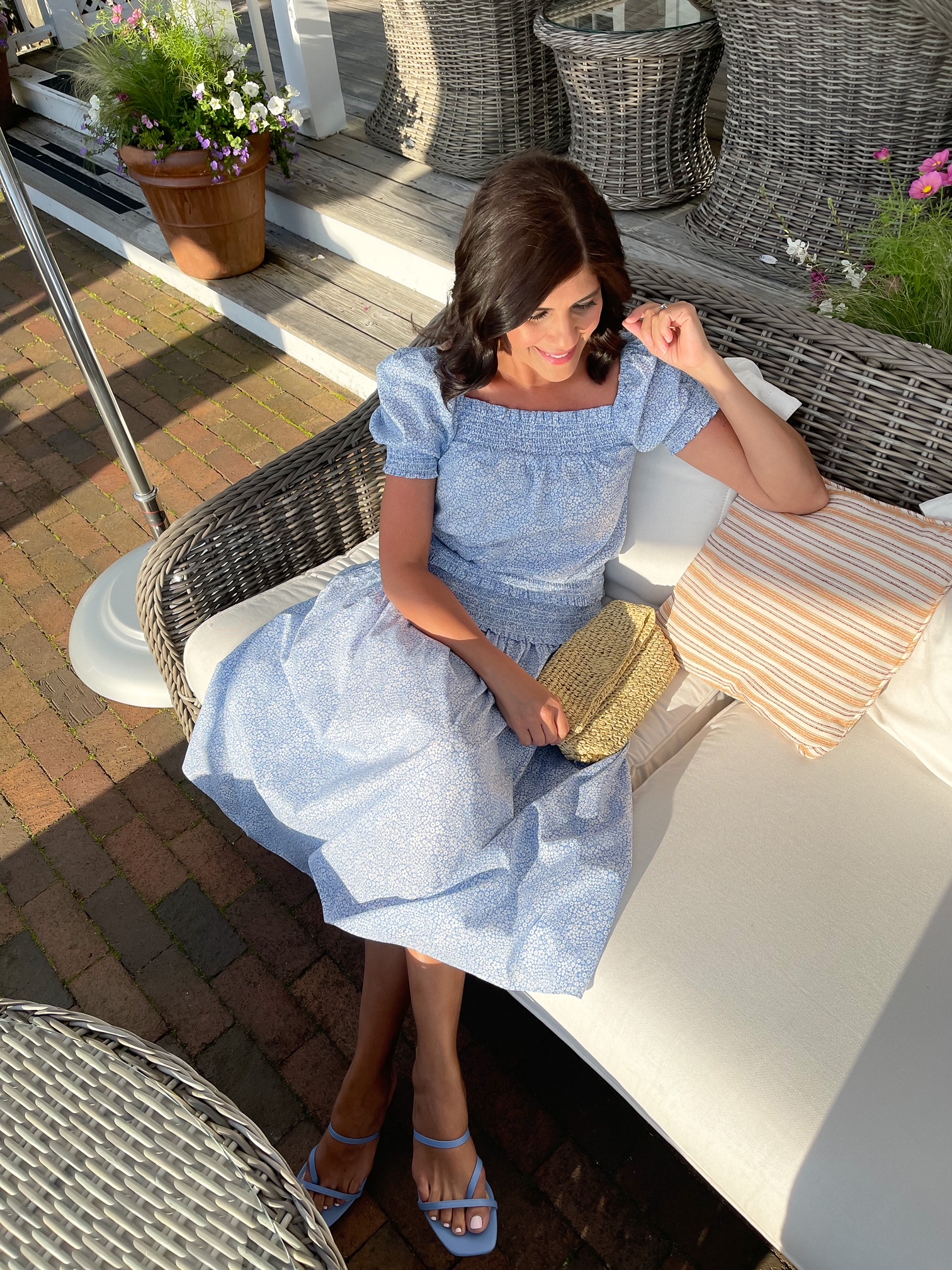 Desiree Leone wearing J.Crew Liberty Blossom print top and skirt in Nantucket