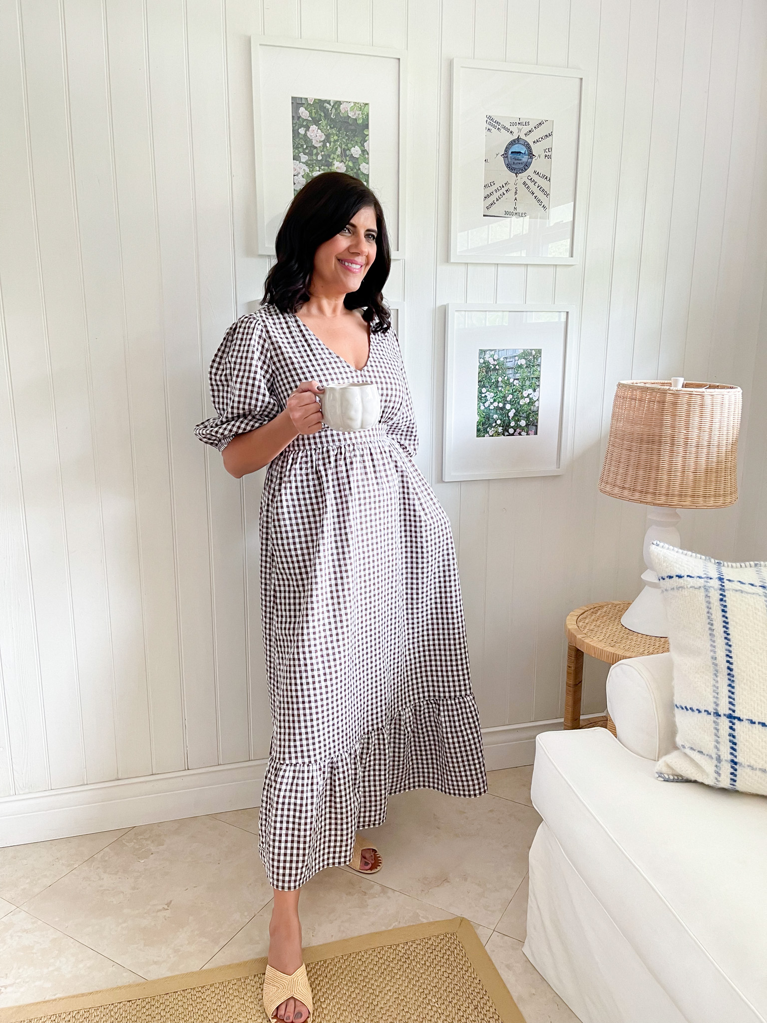 Desiree Leone of Beautifully Seaside is wearing an Amazon The Drop gingham maxi dress for fall.