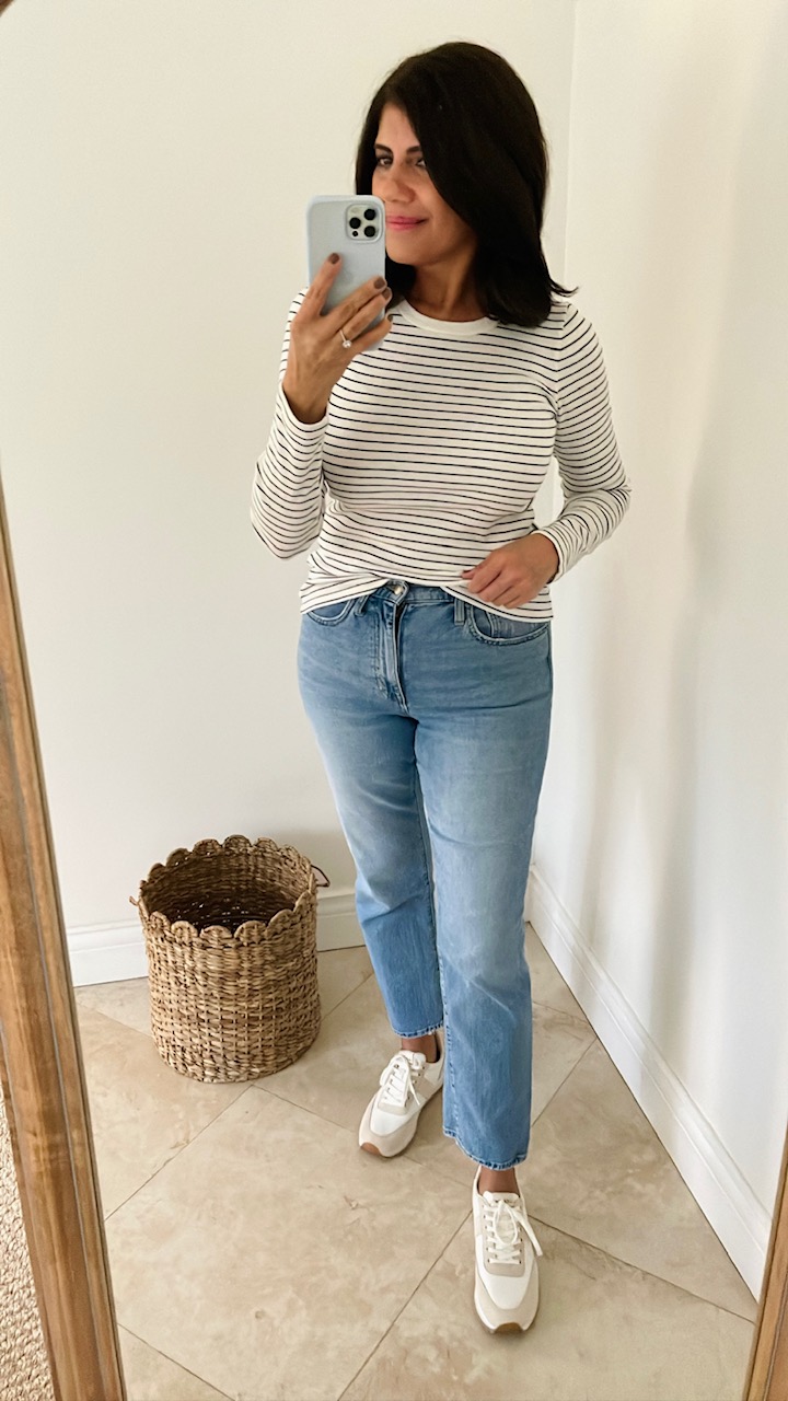 6 easy fall outfits to wear this season featuring J.Crew boyfriend jeans and long sleeve stripe t-shirt by Desiree Leone of Beautifully Seaside. 