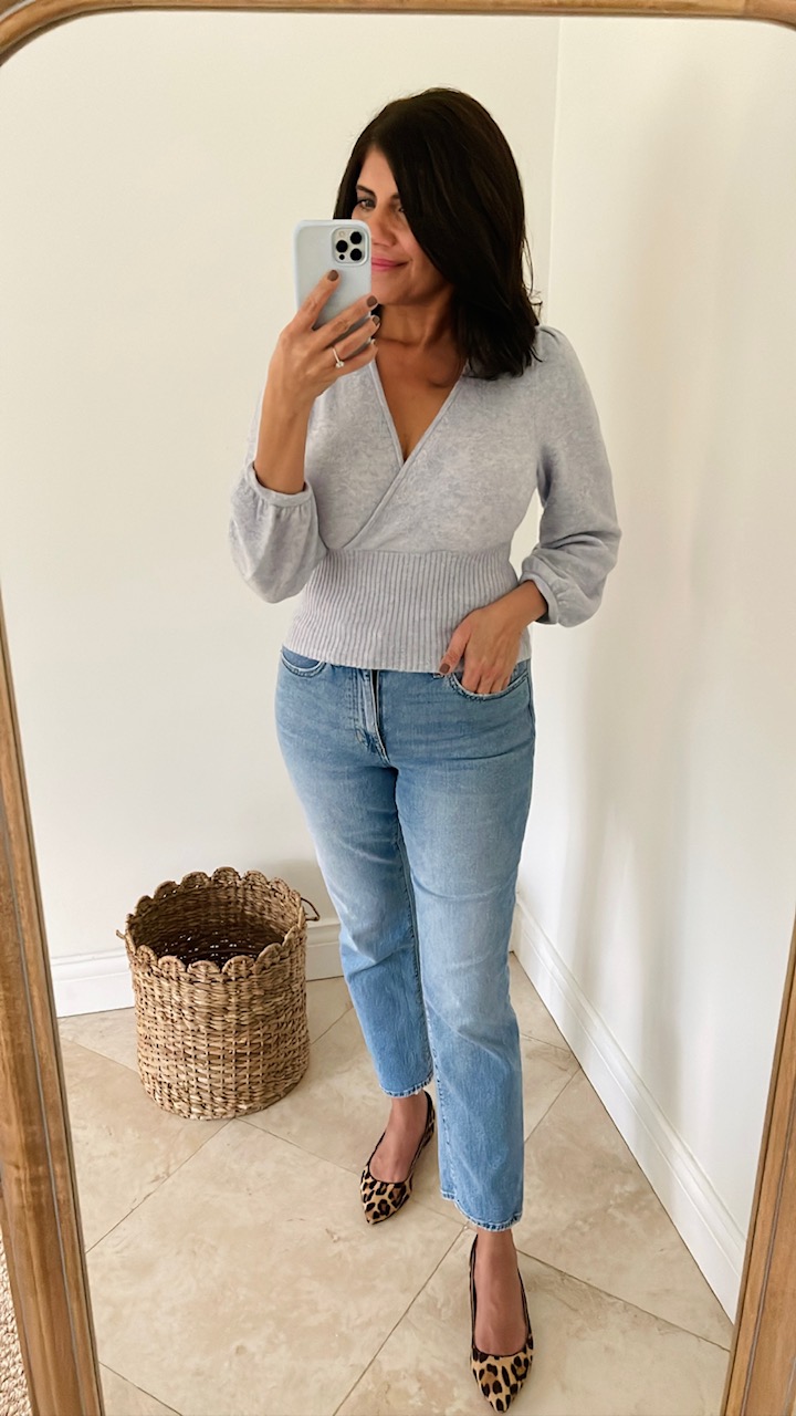 6 easy fall outfits to wear this season featuring boyfriend jeans and wrap sweater top by Desiree Leone of Beautifully Seaside. 