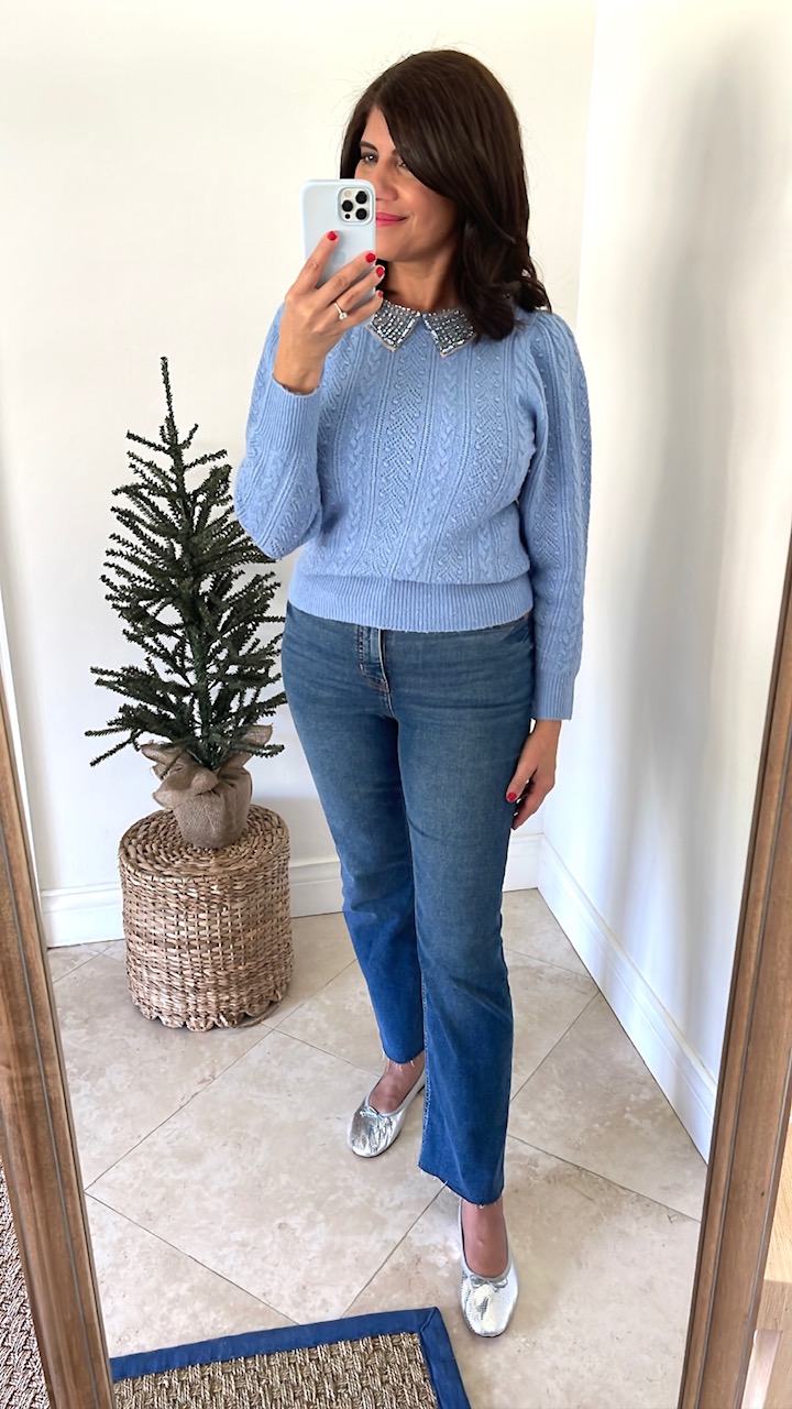 Brunch Attire: Knit Sweater, Ripped Jeans, and Studded Flats