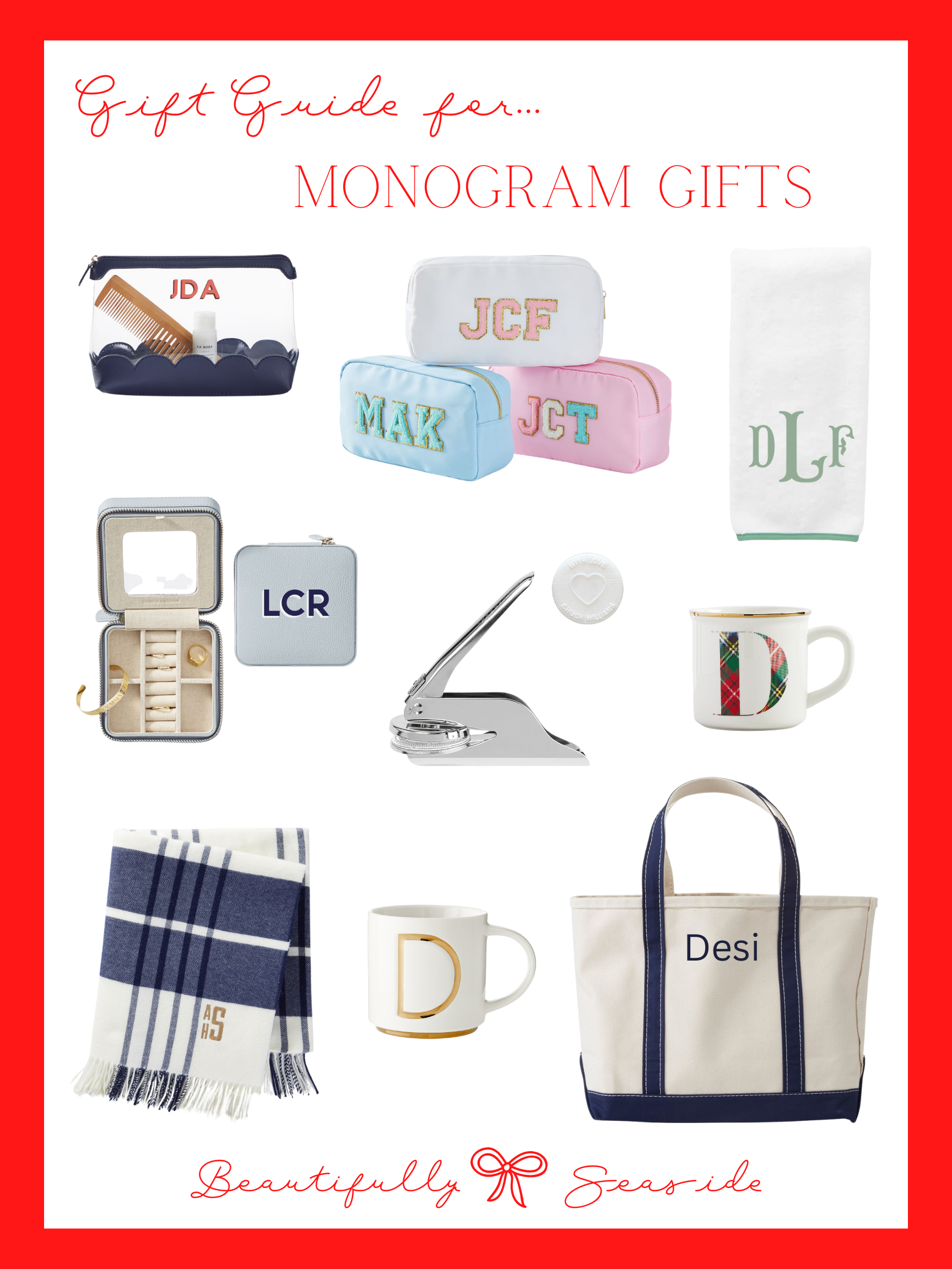 Desiree Leone of Beautifully Seaside features the monogram gift guide for the girls. Shop personalized bags, throws, mugs, and travel bags.