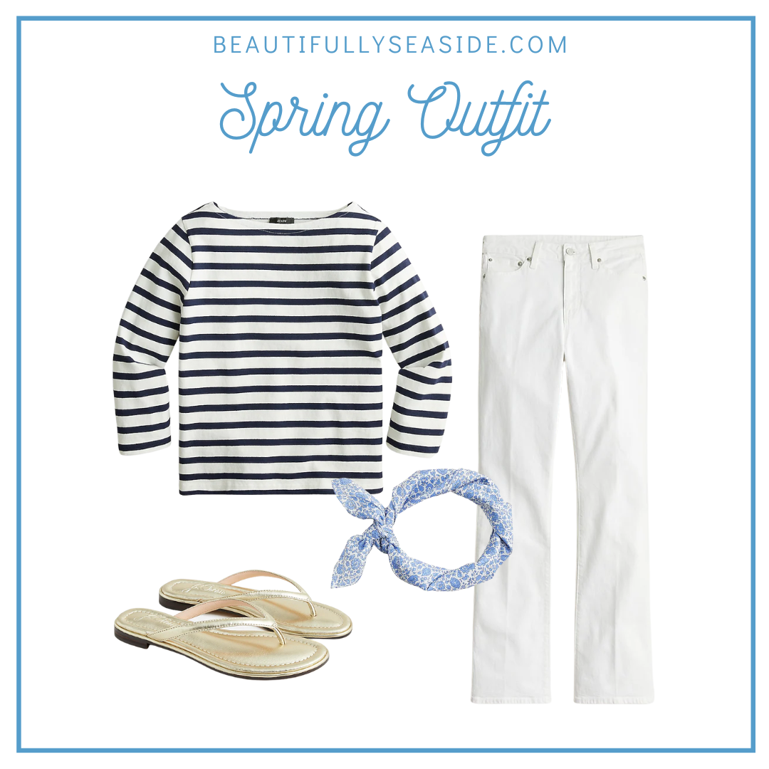 A J.Crew spring outfit featuring classic stripes t-shirt, white jeans, floral scarf, and gold sandals.