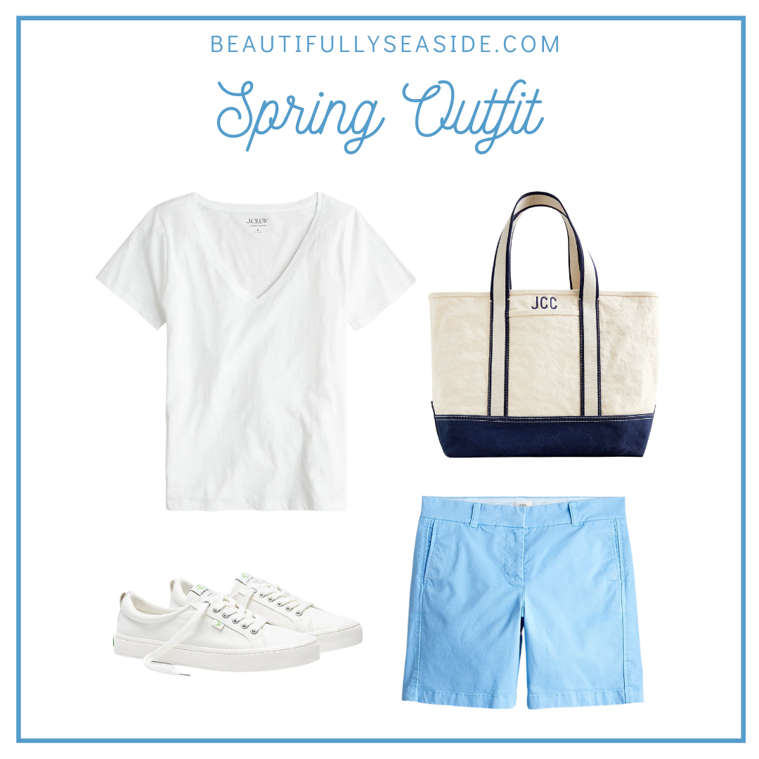 A J.Crew spring outfit featuring a classic casual outfit; white v-neck t-shirt, blue shorts, beach tote, white sneakers.