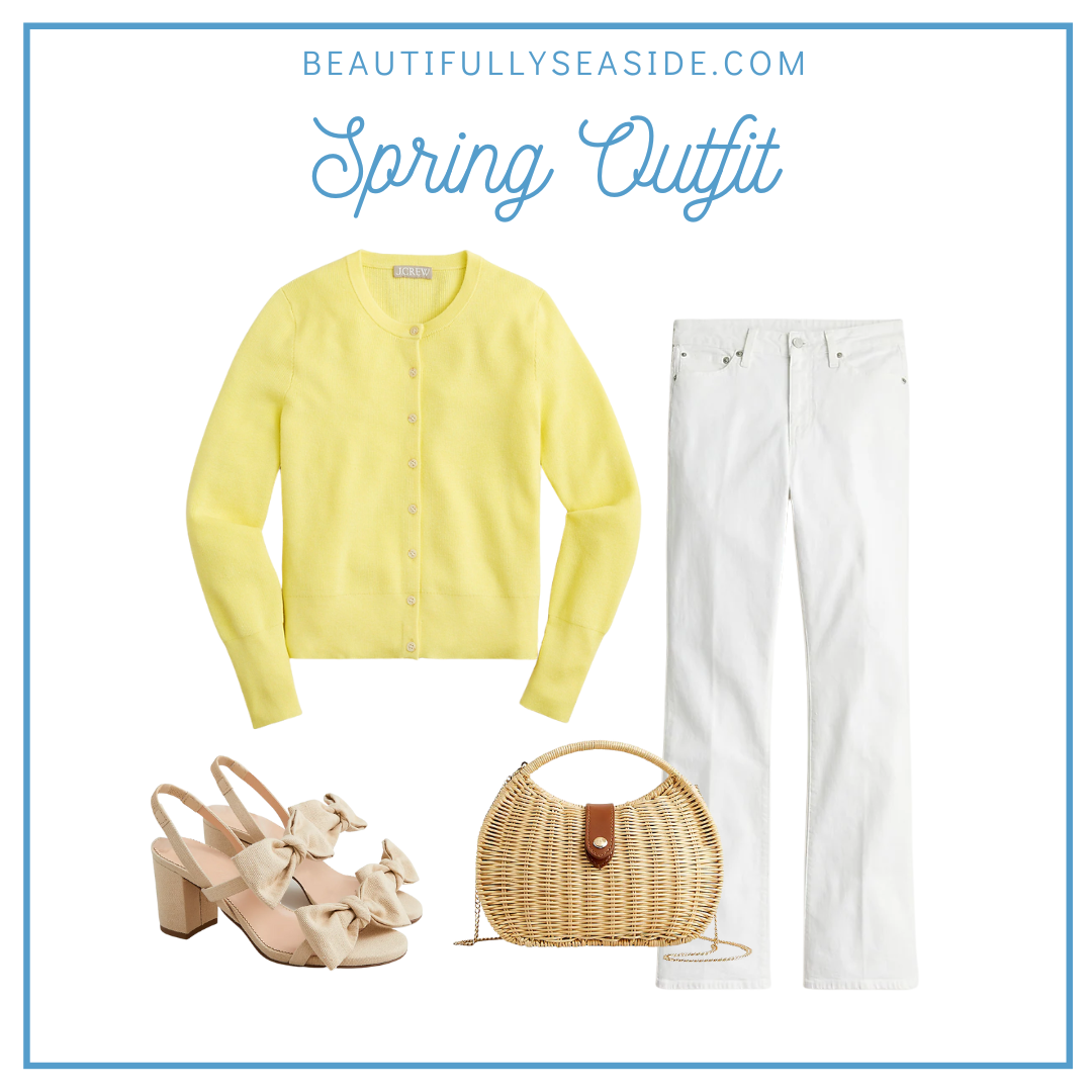 A J.Crew spring outfit featuring a lemon yellow cardigan, white demi boot jeans, bow heeled sandals, rattan semi-circle clutch.
