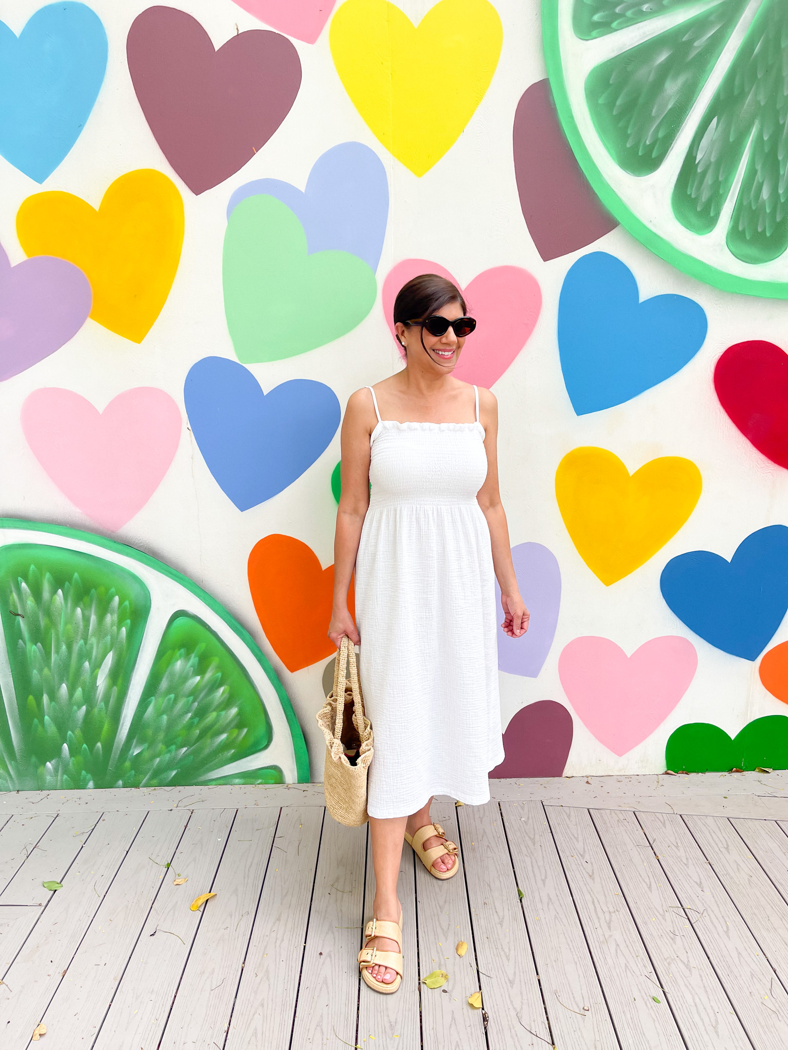 Desiree Leone of Beautifully Seaside wearing a white gauze midi dress and  JCrew 2 strap sandals - Beautifully Seaside