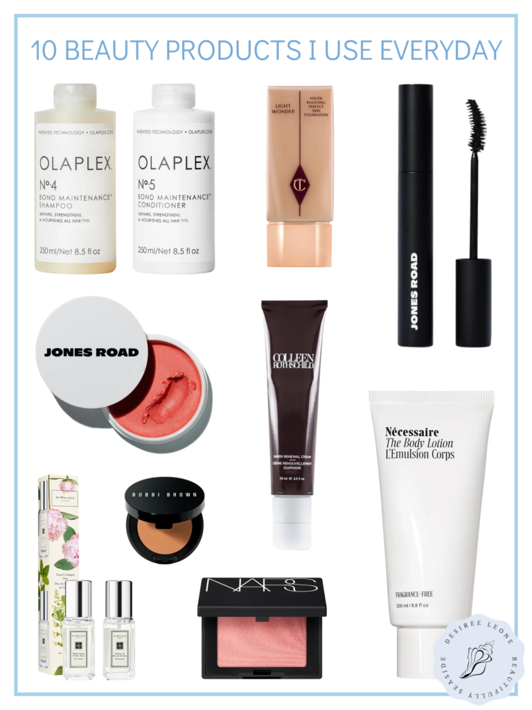 Desiree Leone of Beautifully Seaside shares, 10 beauty products that I use everyday, for face, hair, and skin.