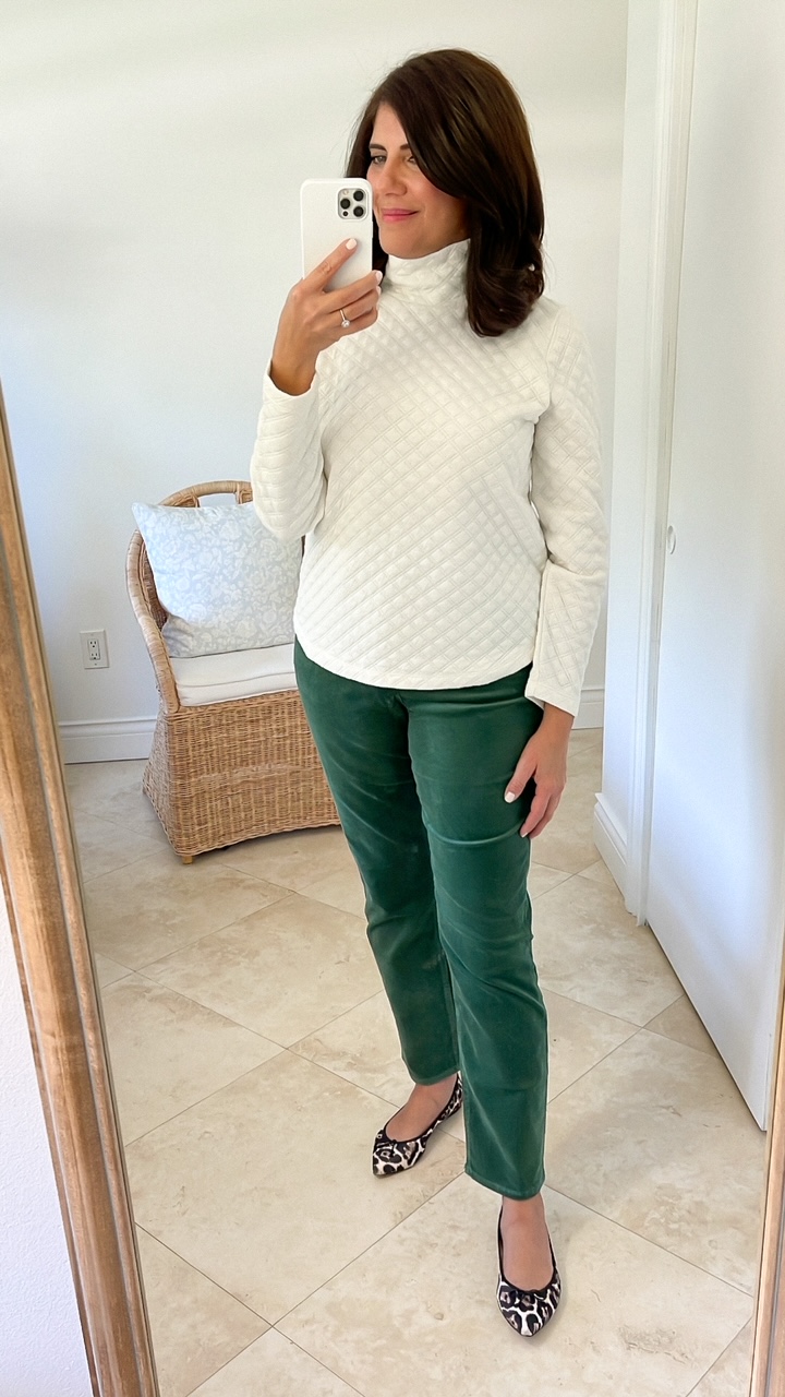 J.Crew Factory fall outfit green corduroy pants and mockneck