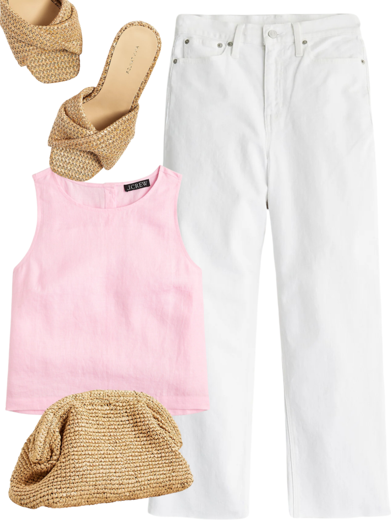 Pink linen top outfit to wear this spring by Desiree Leone of Beautifully Seaside blog.