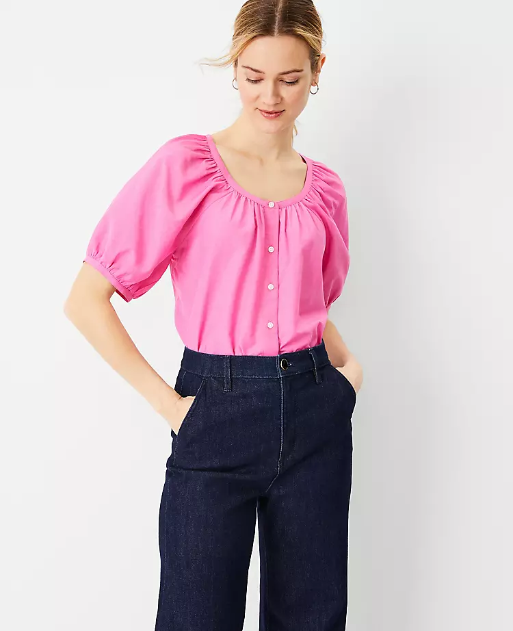 Desiree Leone of Beautifully Seaside shares 15 beautiful tops to wear with denim jeans for the easiest outfit ever, including this pink blouson top. 