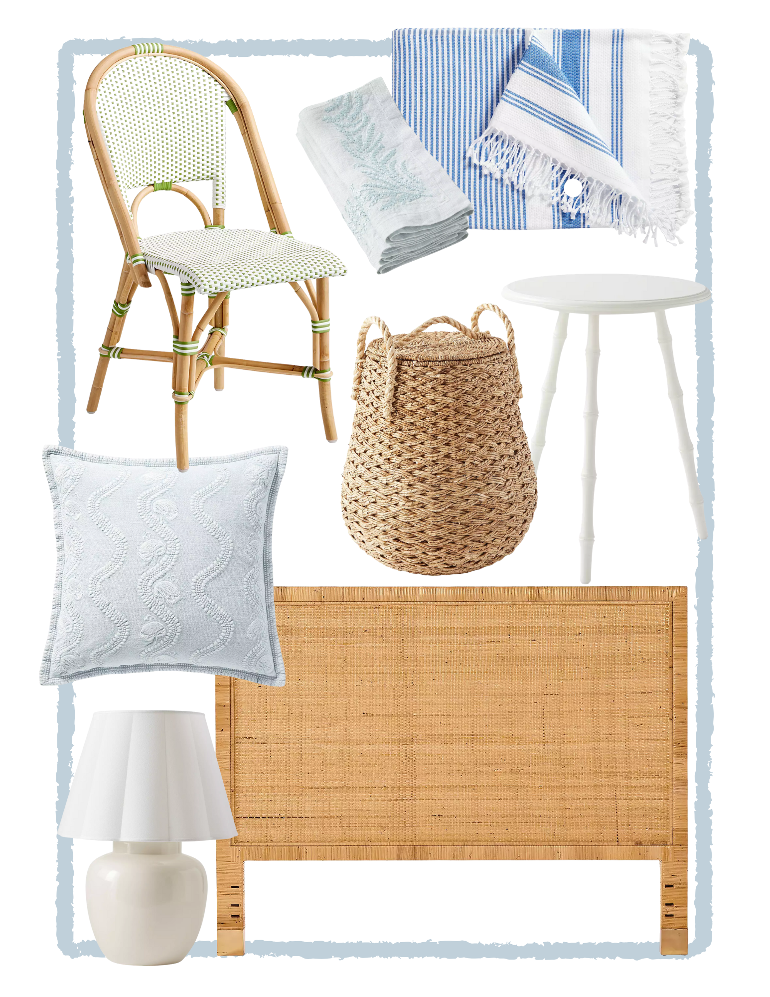 Everything You Need for a Breezy Beautiful Coastal Home (On Sale!), featuring lots of rattan, blue & white, and more!