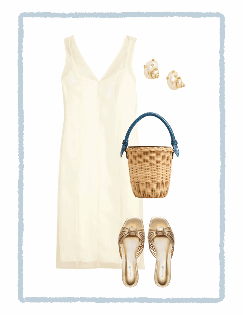 5 effortless early fall outfits with the classic basket bag, featuring the prettiest dresses and accessories.