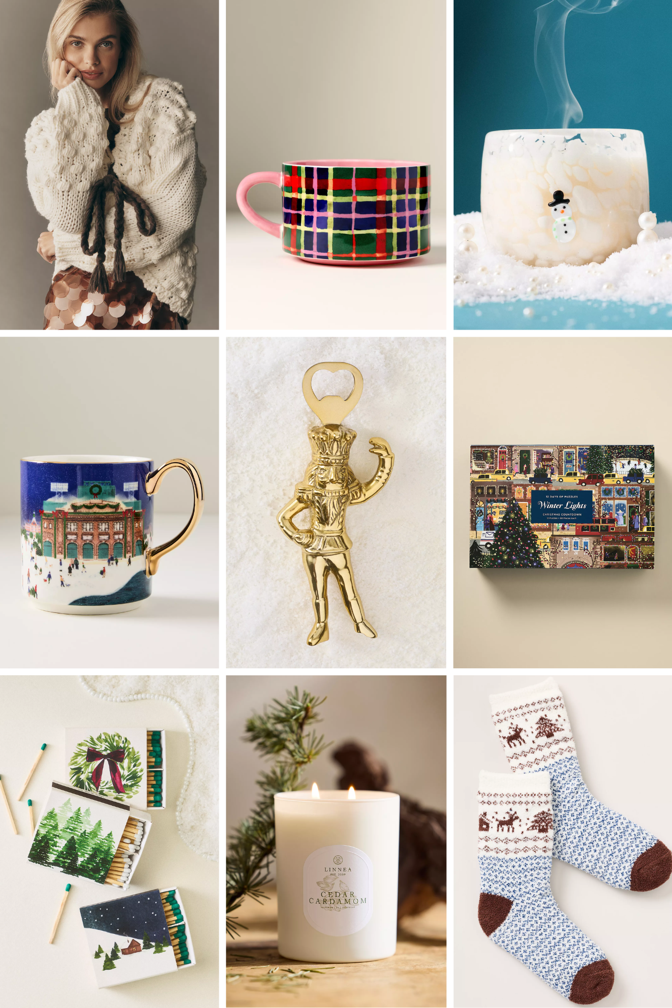 The Anthropologie Gift Guide That’s Making Me Excited for Christmas– from a cost tie front sweater and socks to scented candles.